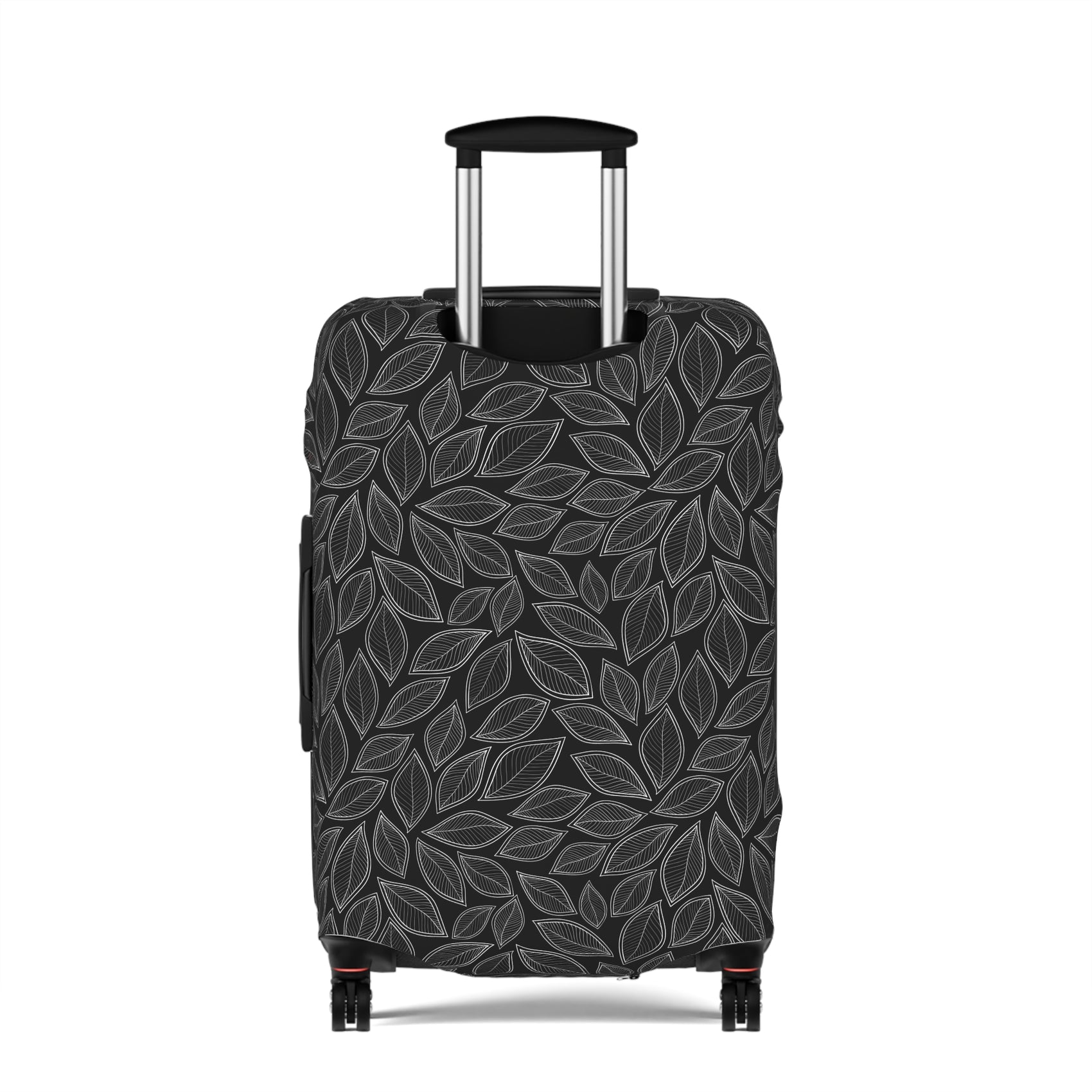 Central Park black stretch luggage cover with grey leaf pattern fitted on rolling suitcase
