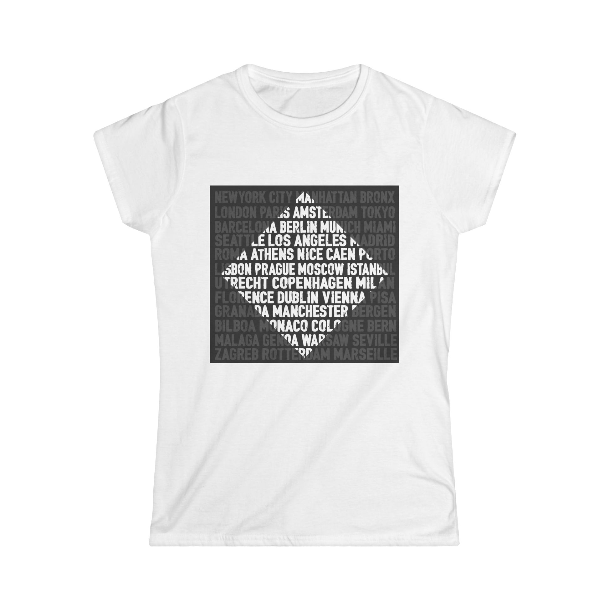 City Lights women’s softstyle t-shirt featuring bold global city names