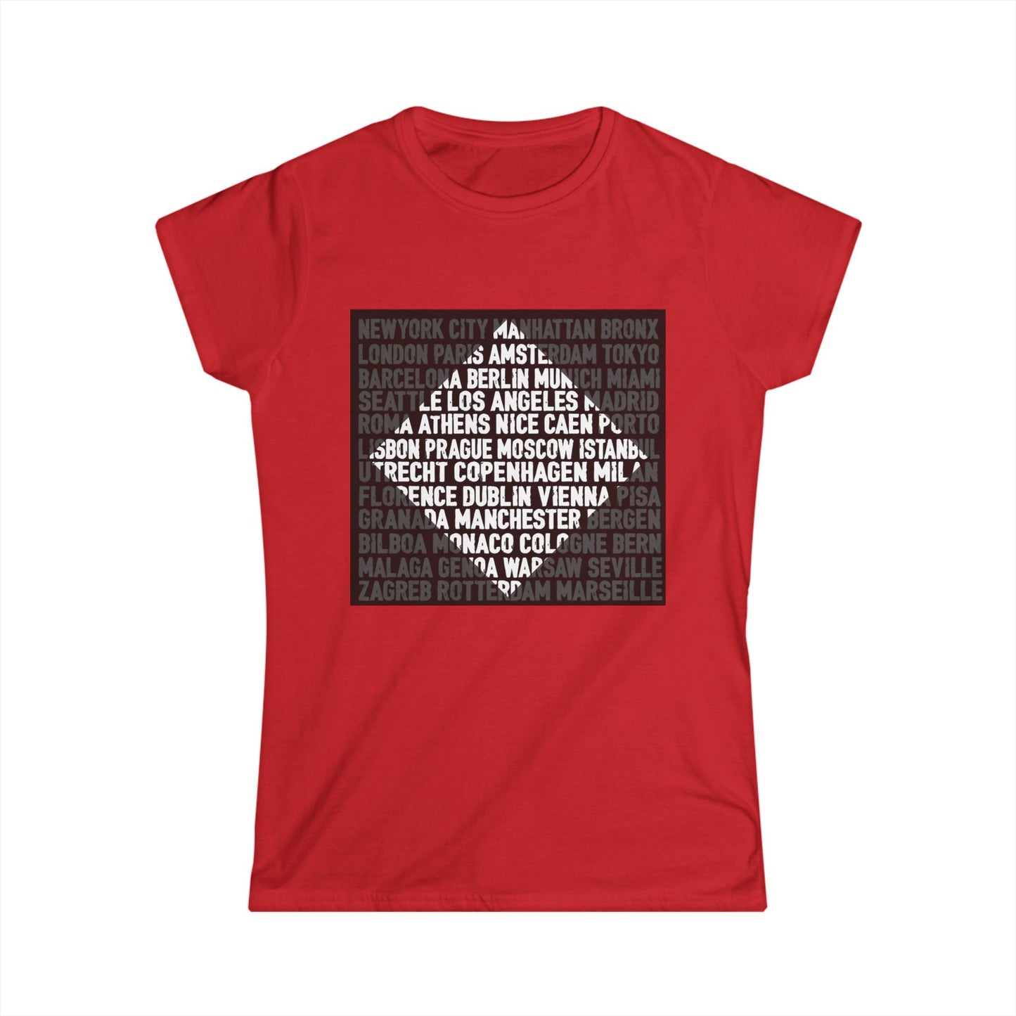 City Lights women’s softstyle t-shirt featuring bold global city names