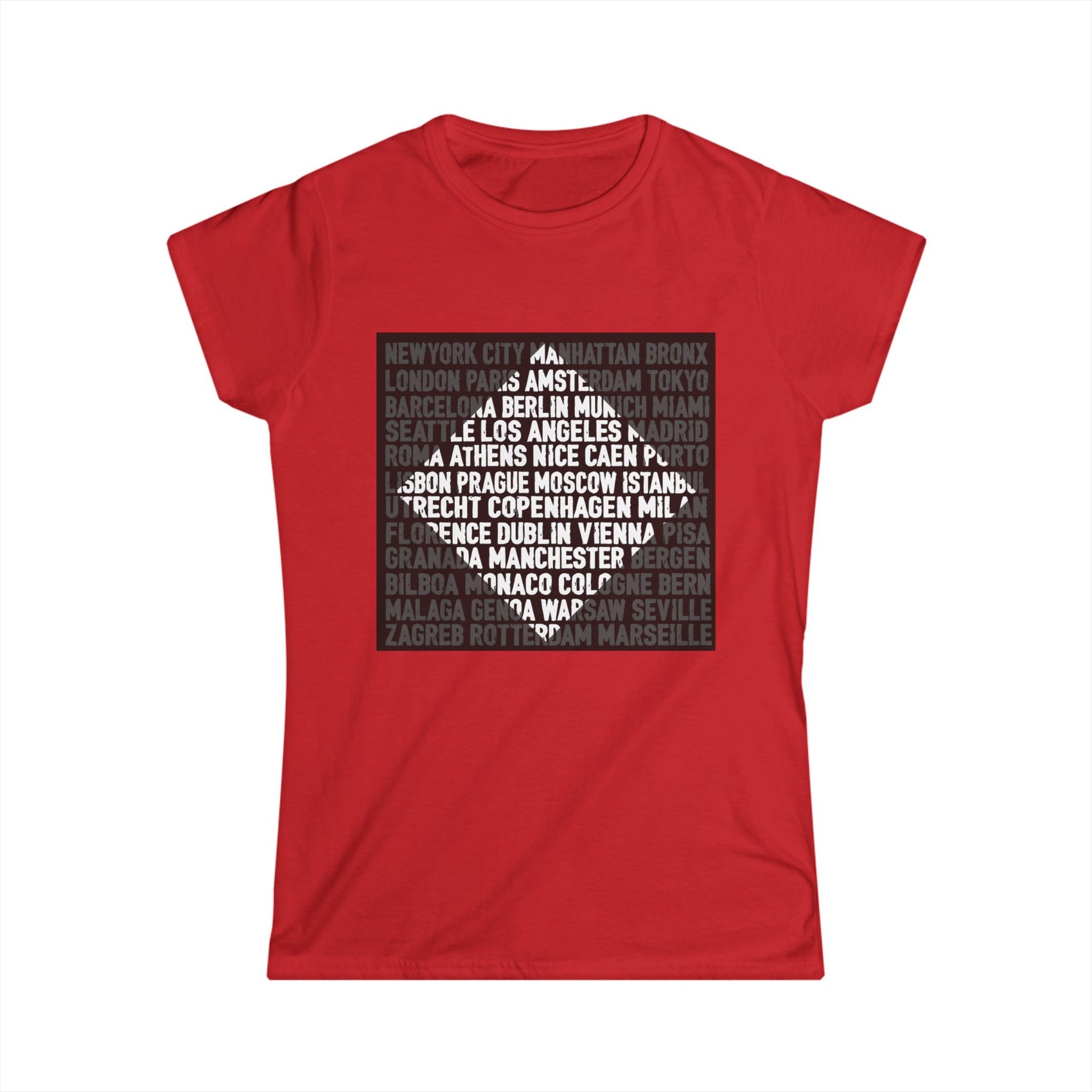 City Lights women’s softstyle t-shirt featuring bold global city names