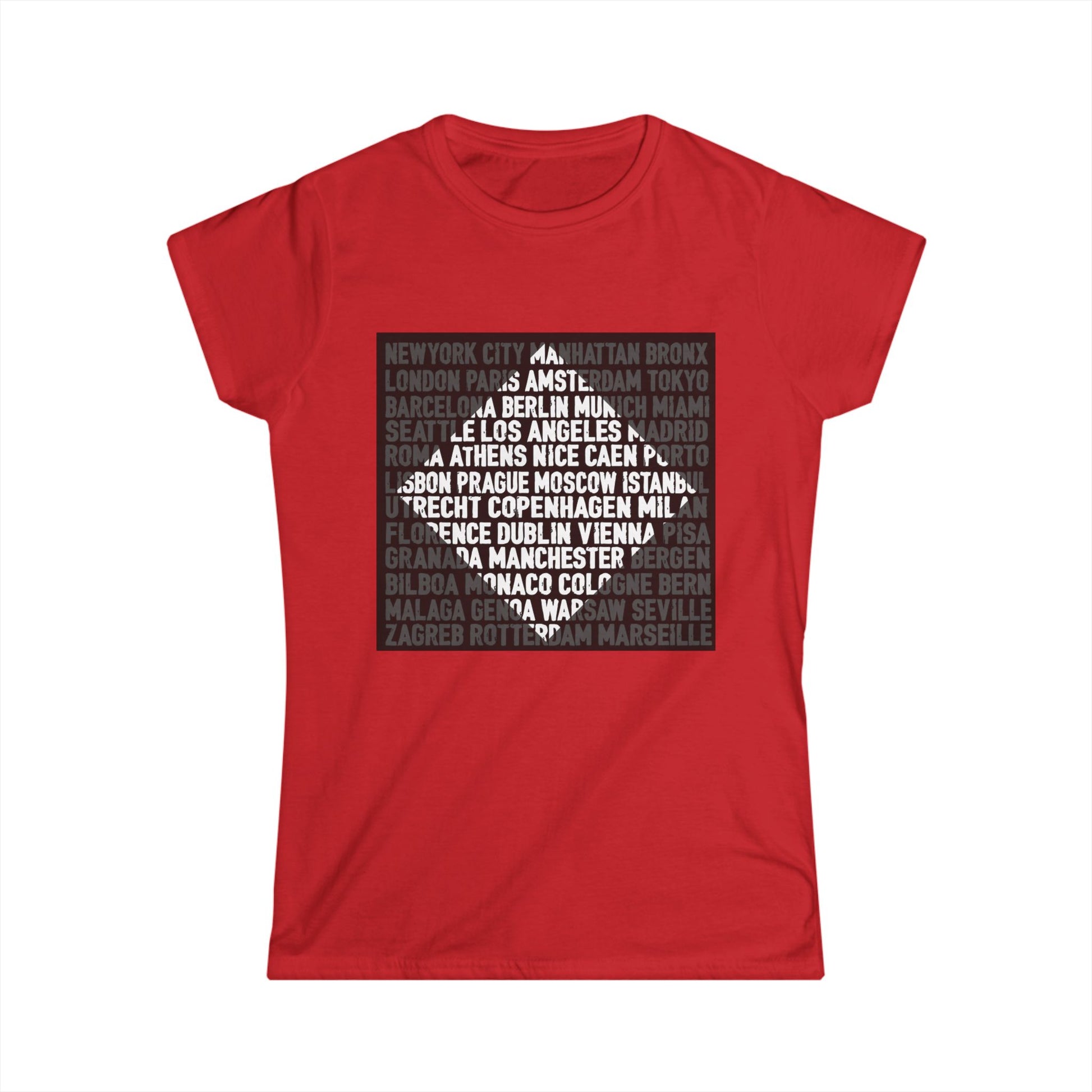 City Lights women’s softstyle t-shirt featuring bold global city names
