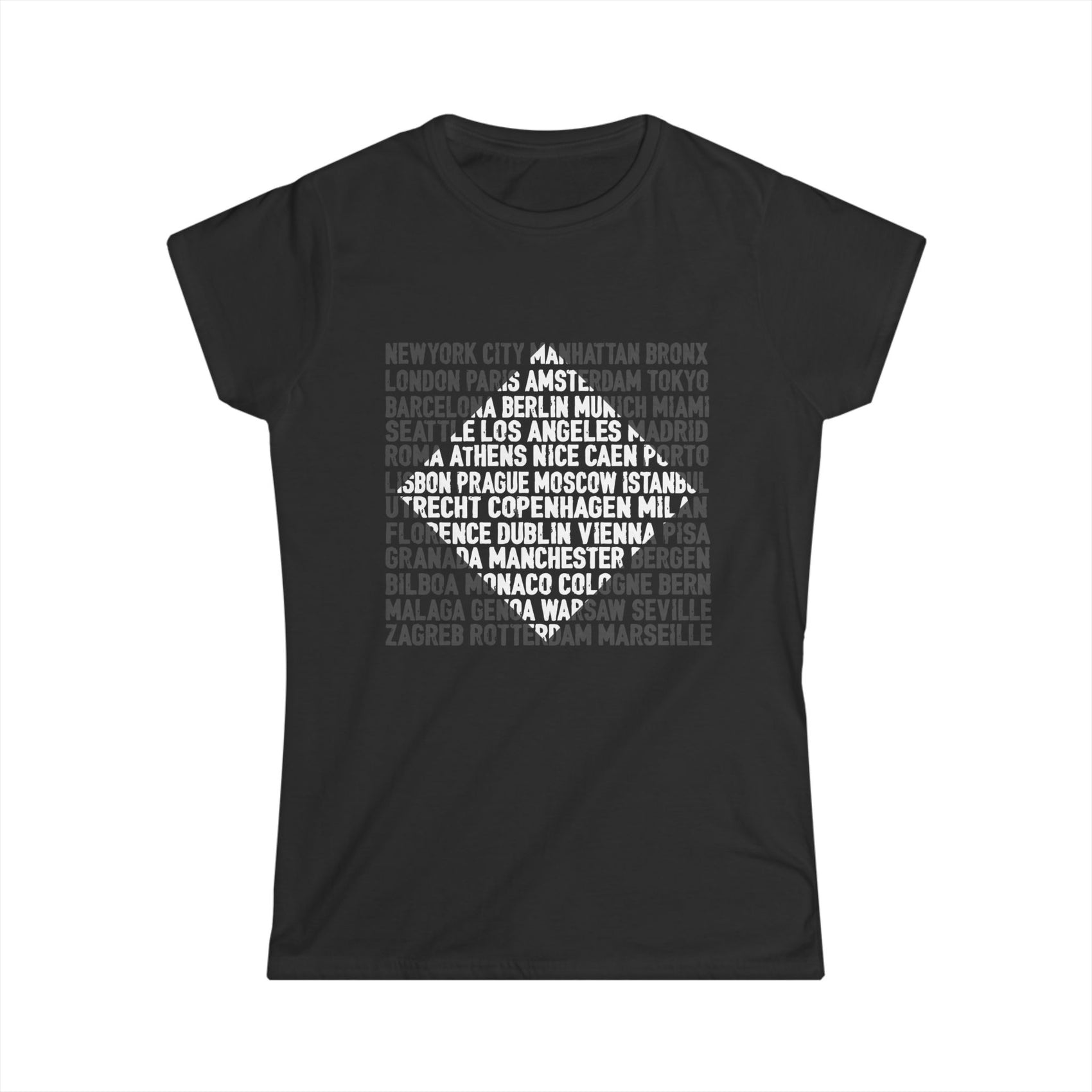 City Lights women’s softstyle t-shirt featuring bold global city names