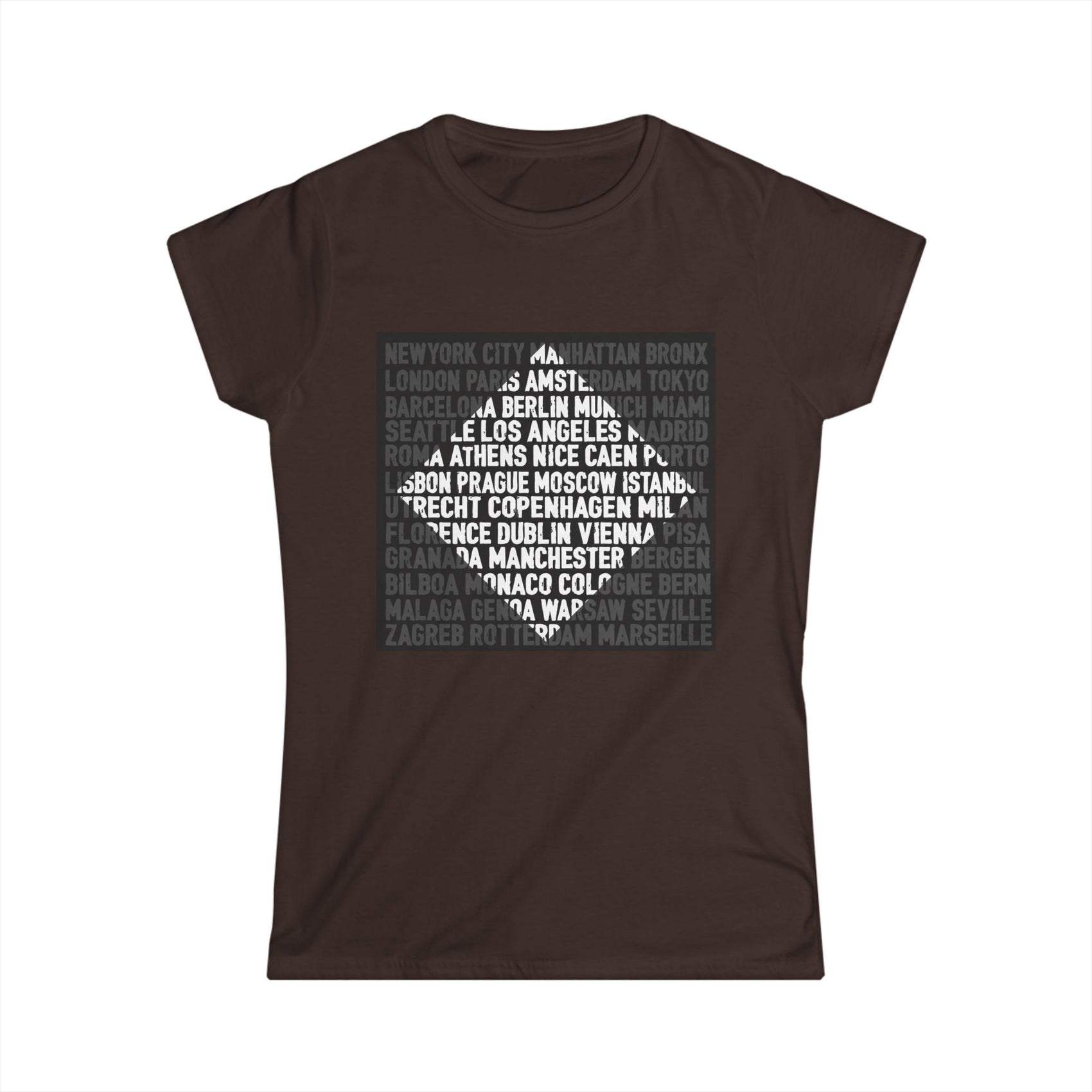 City Lights women’s softstyle t-shirt featuring bold global city names