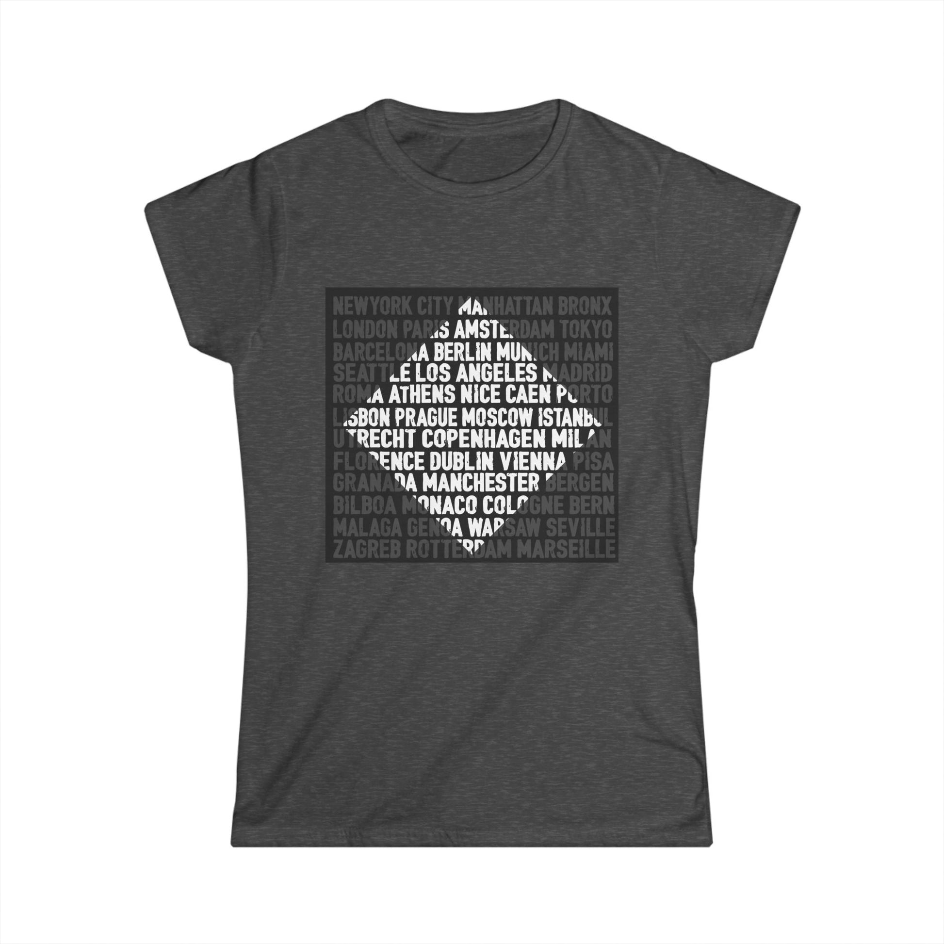 City Lights women’s softstyle t-shirt featuring bold global city names