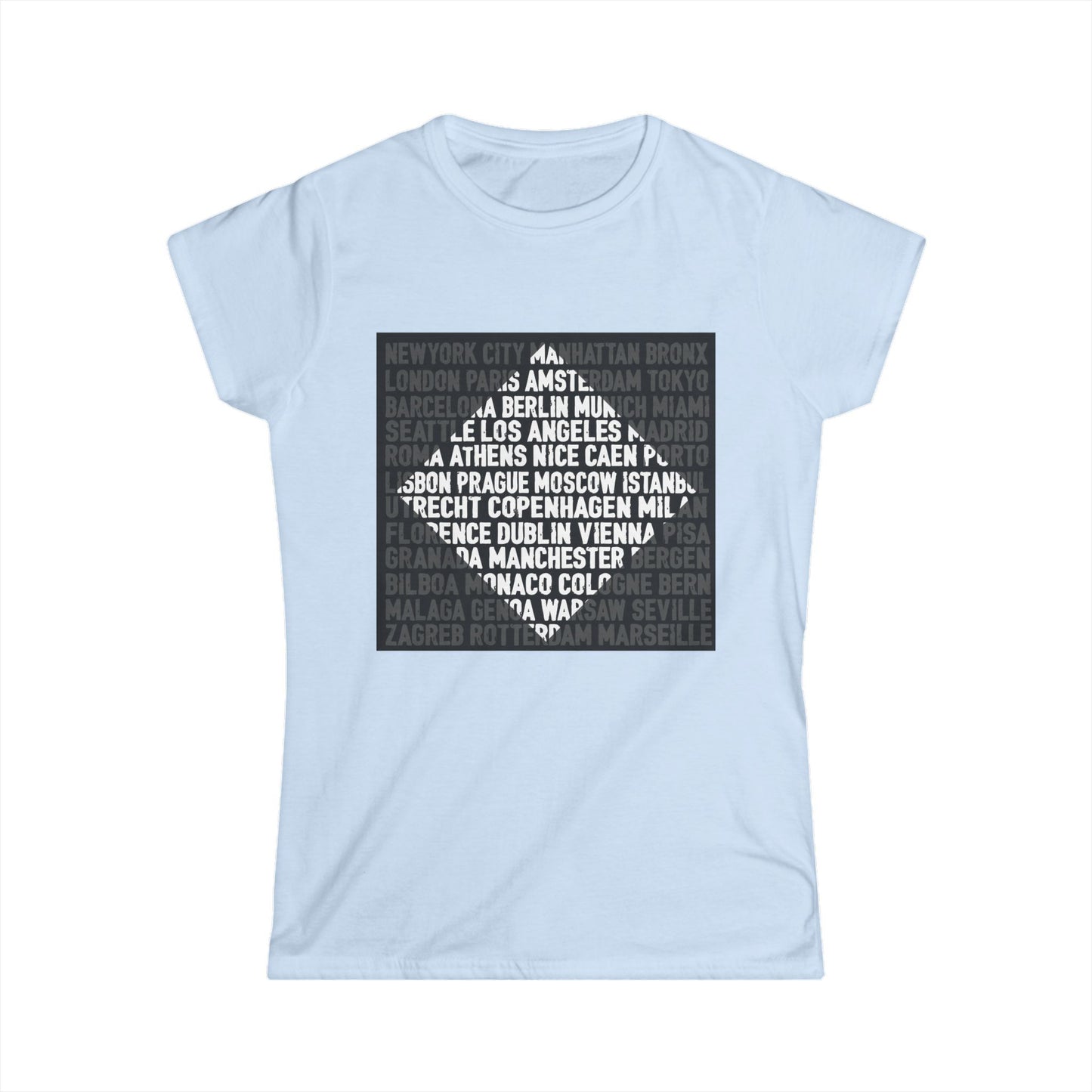 City Lights women’s softstyle t-shirt featuring bold global city names