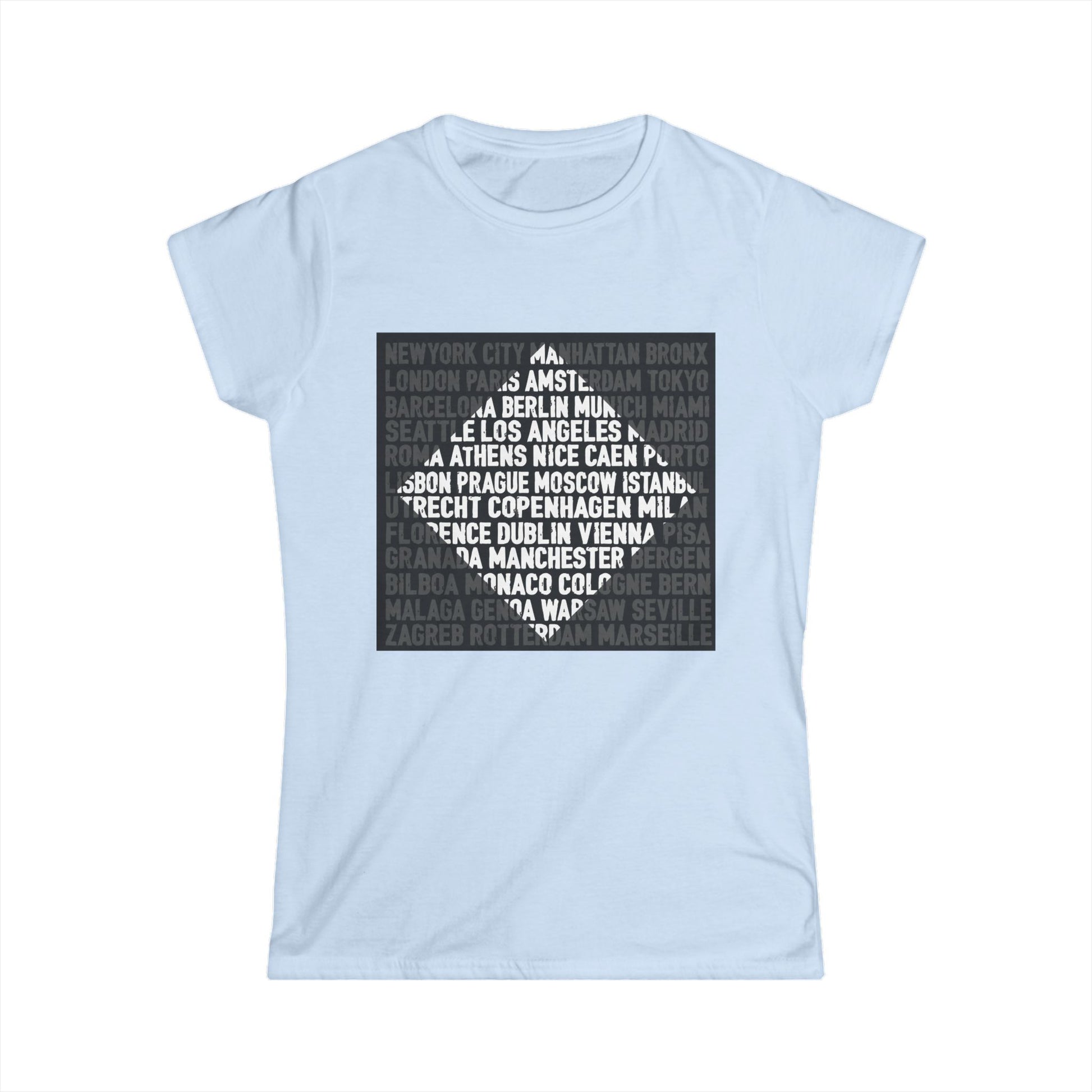 City Lights women’s softstyle t-shirt featuring bold global city names