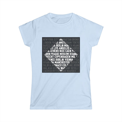 City Lights women’s softstyle t-shirt featuring bold global city names