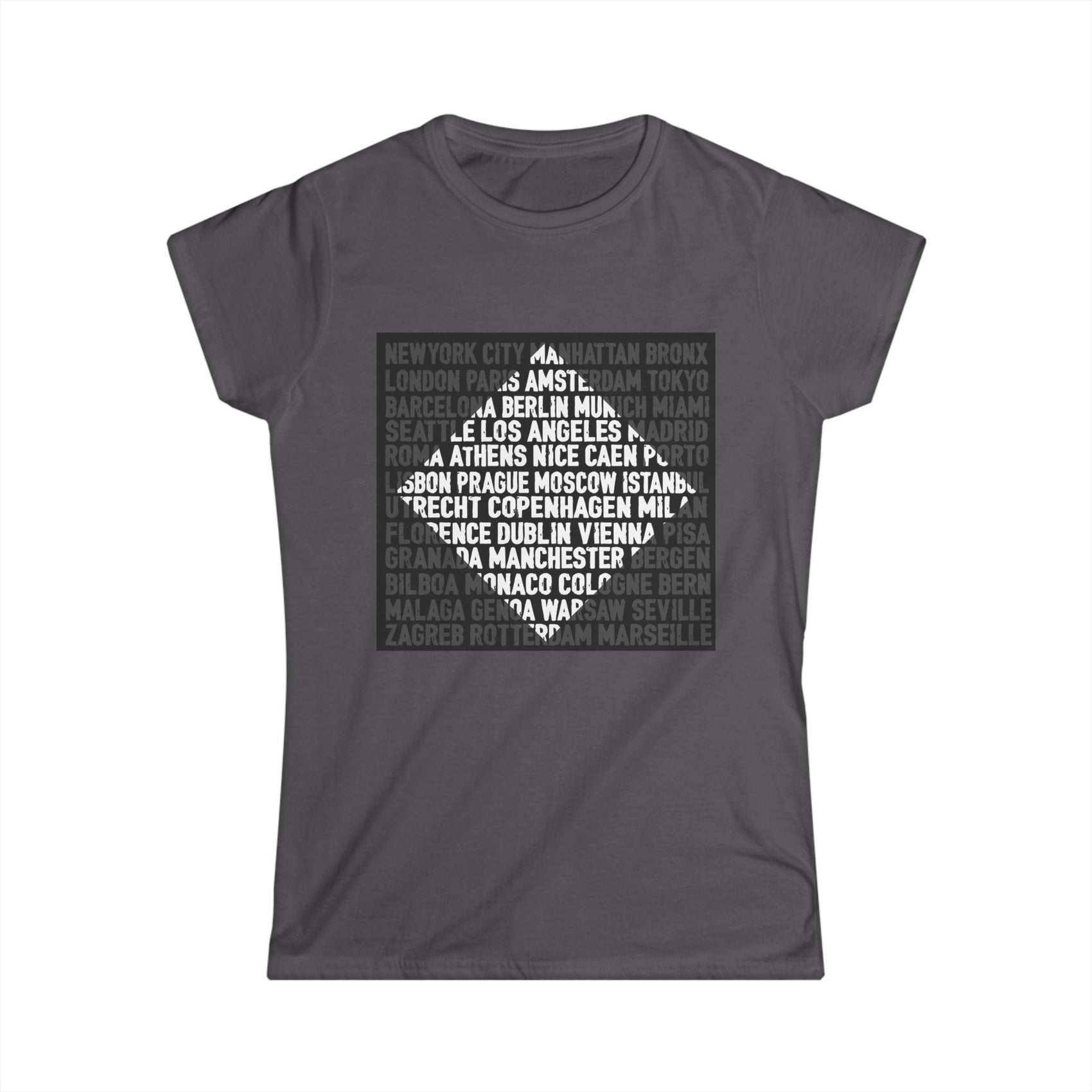 City Lights women’s softstyle t-shirt featuring bold global city names