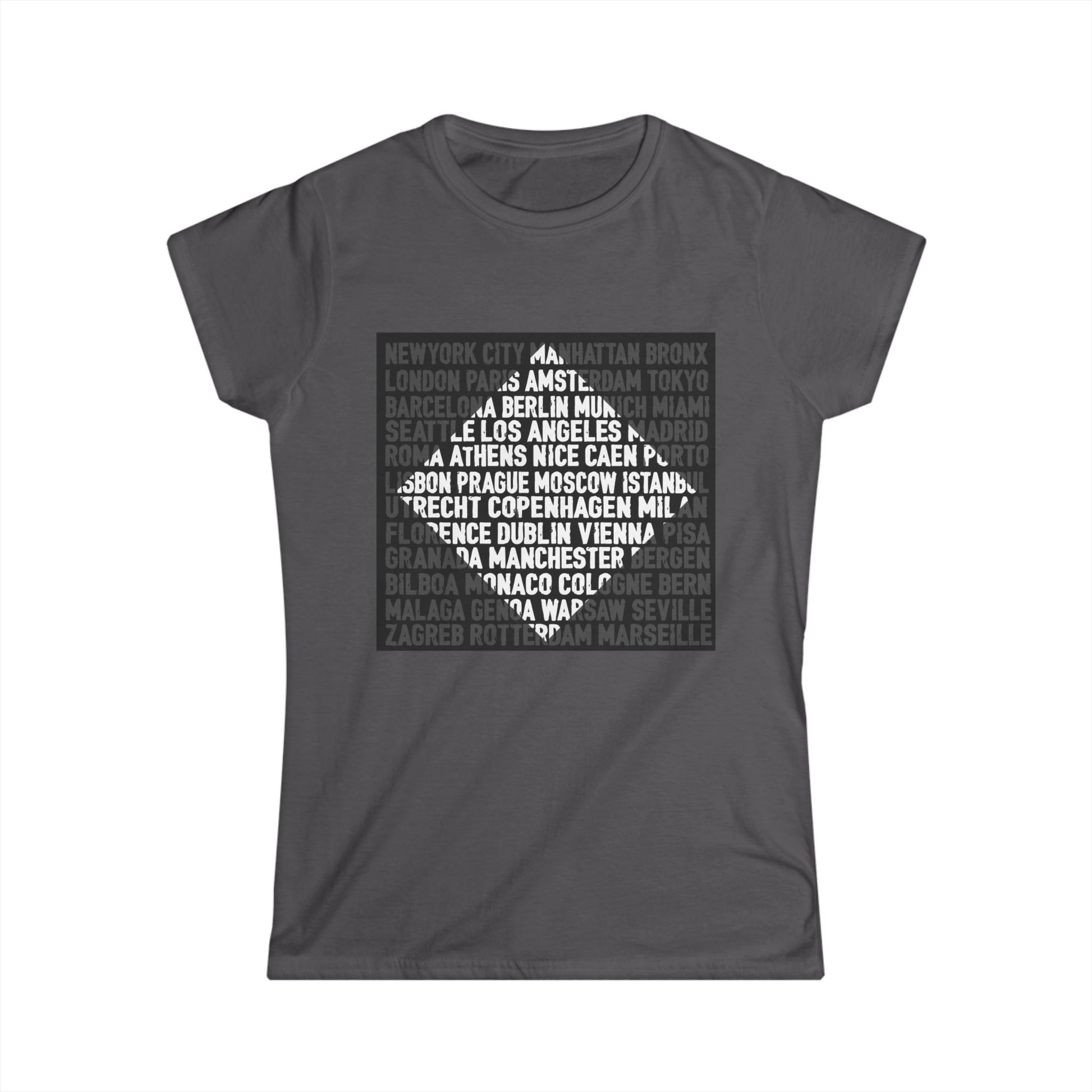 City Lights women’s softstyle t-shirt featuring bold global city names