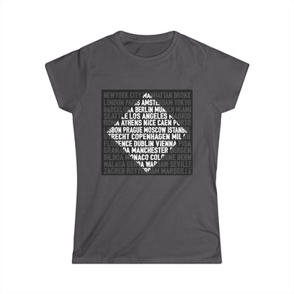 City Lights women’s softstyle t-shirt featuring bold global city names