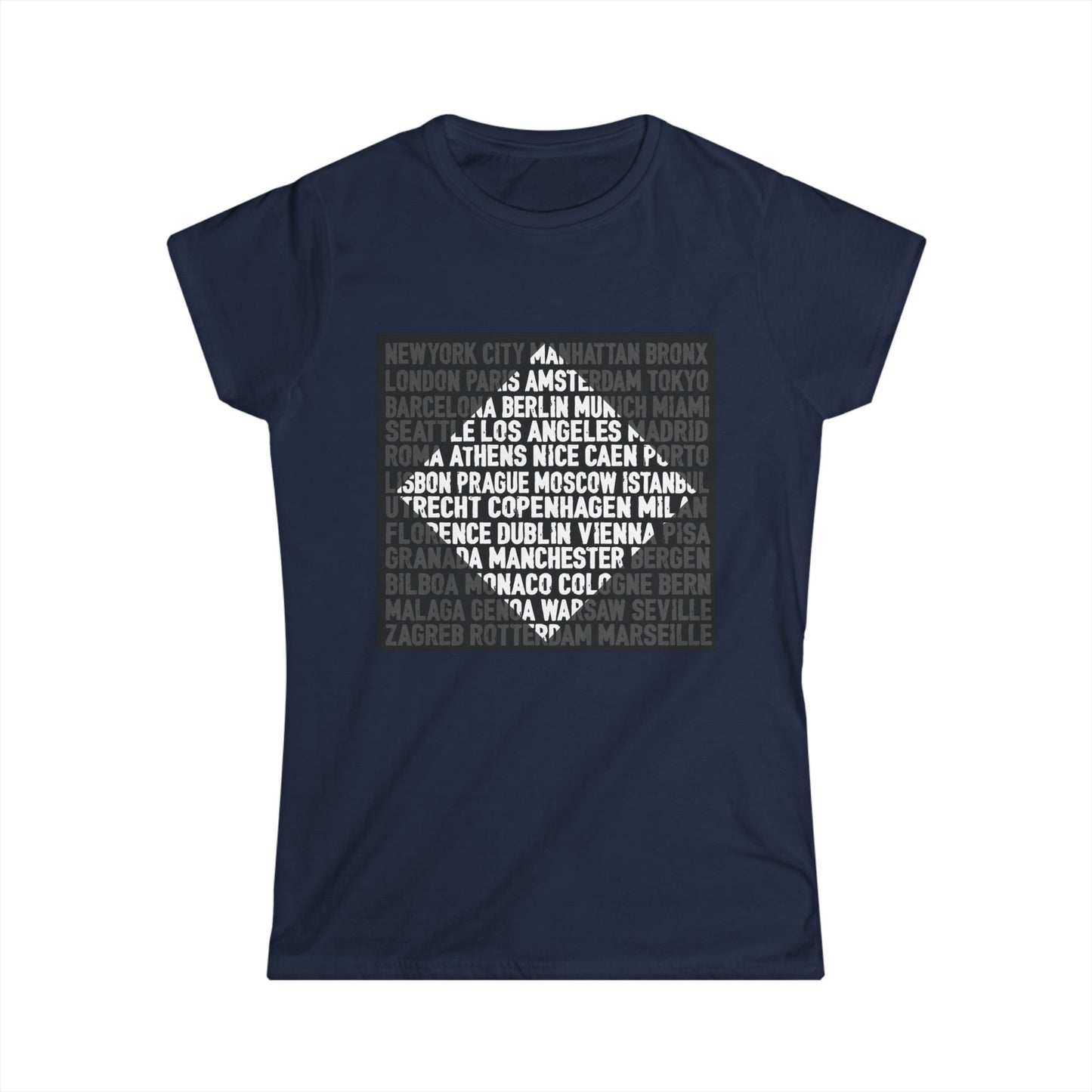 City Lights women’s softstyle t-shirt featuring bold global city names
