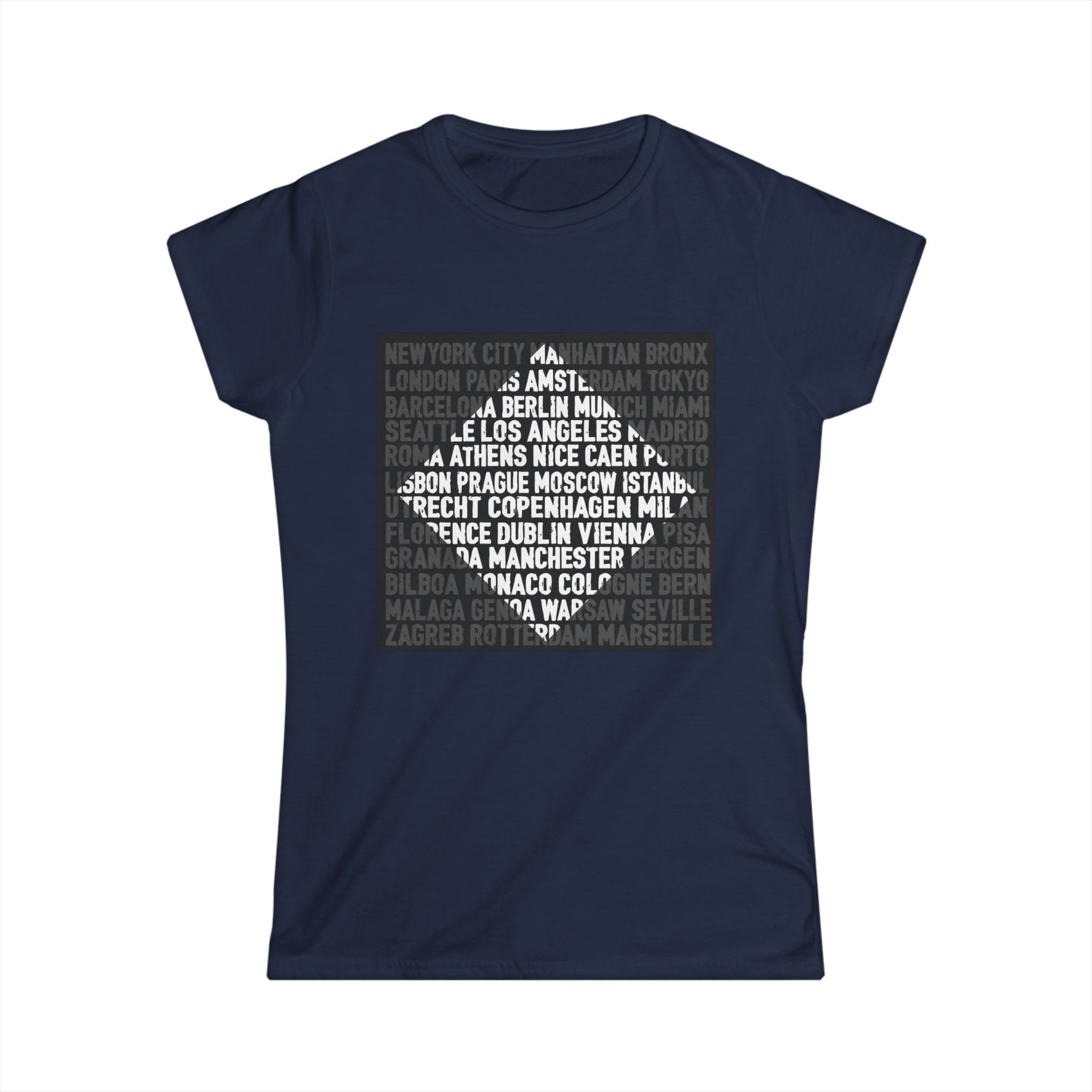 City Lights women’s softstyle t-shirt featuring bold global city names