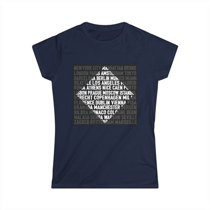 City Lights women’s softstyle t-shirt featuring bold global city names