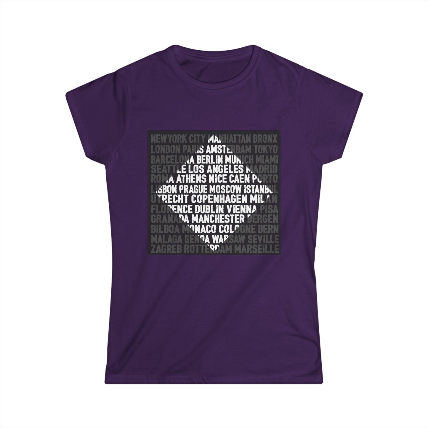 City Lights women’s softstyle t-shirt featuring bold global city names