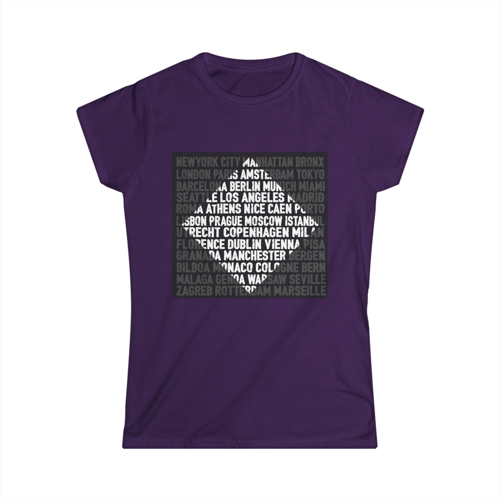 City Lights women’s softstyle t-shirt featuring bold global city names