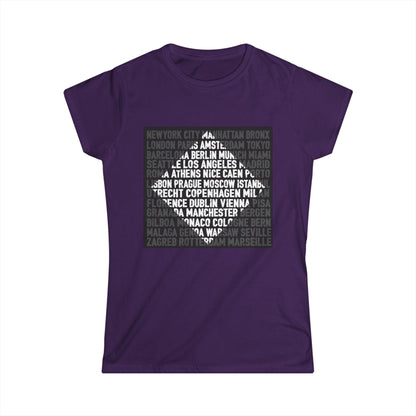 City Lights women’s softstyle t-shirt featuring bold global city names