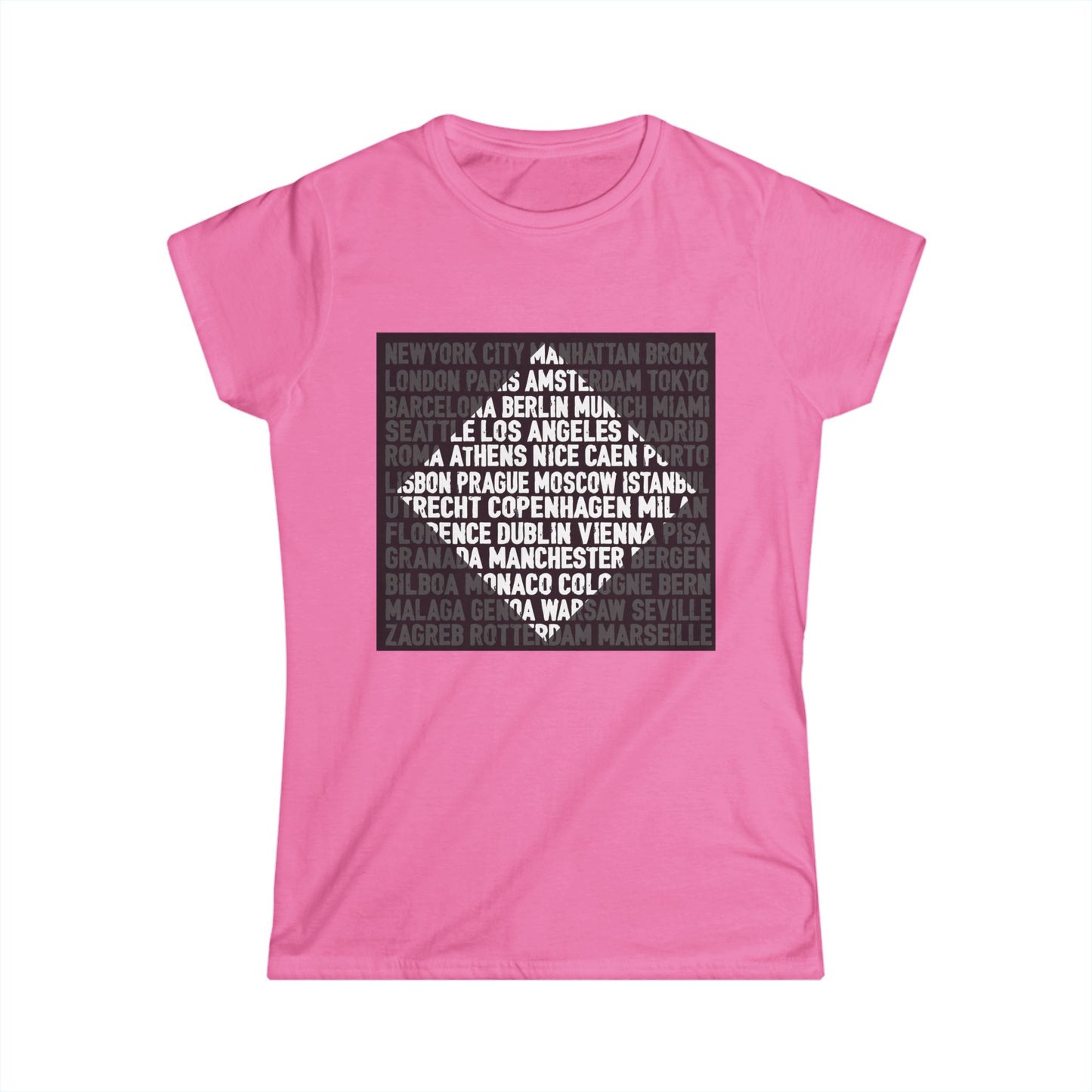 City Lights women’s softstyle t-shirt featuring bold global city names