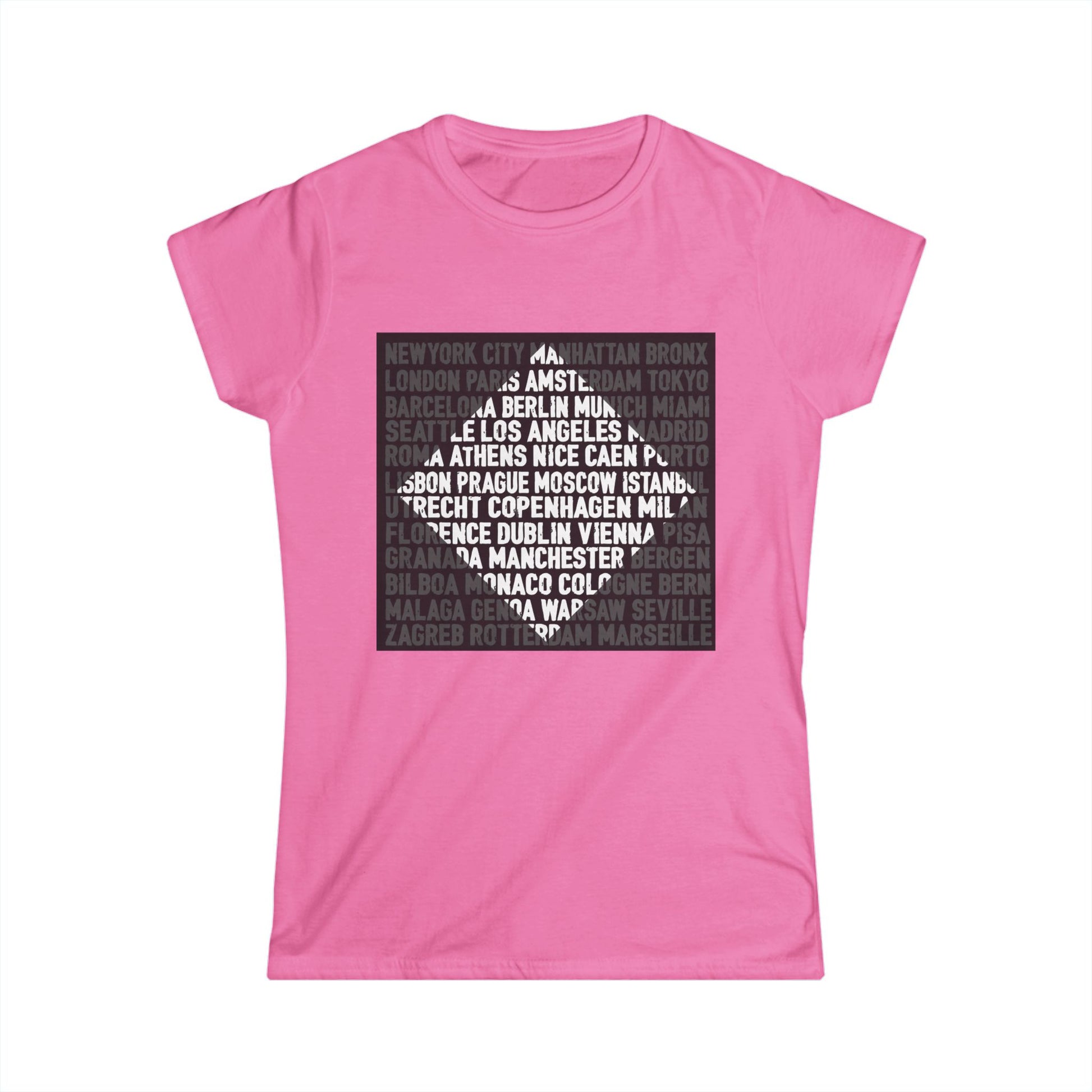 City Lights women’s softstyle t-shirt featuring bold global city names