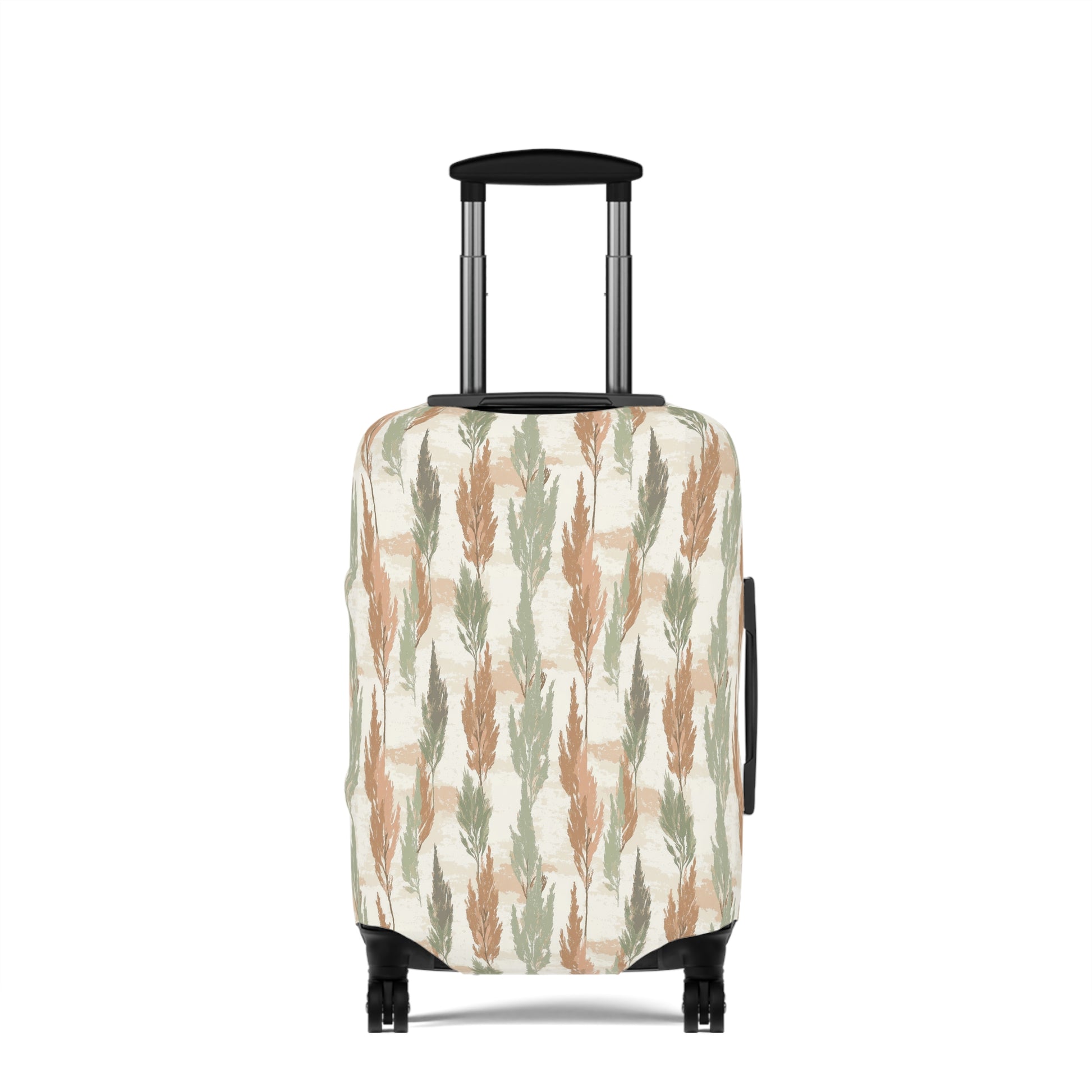 Cypress Guardians stretch luggage cover with Mediterranean tree silhouettes in earth tones