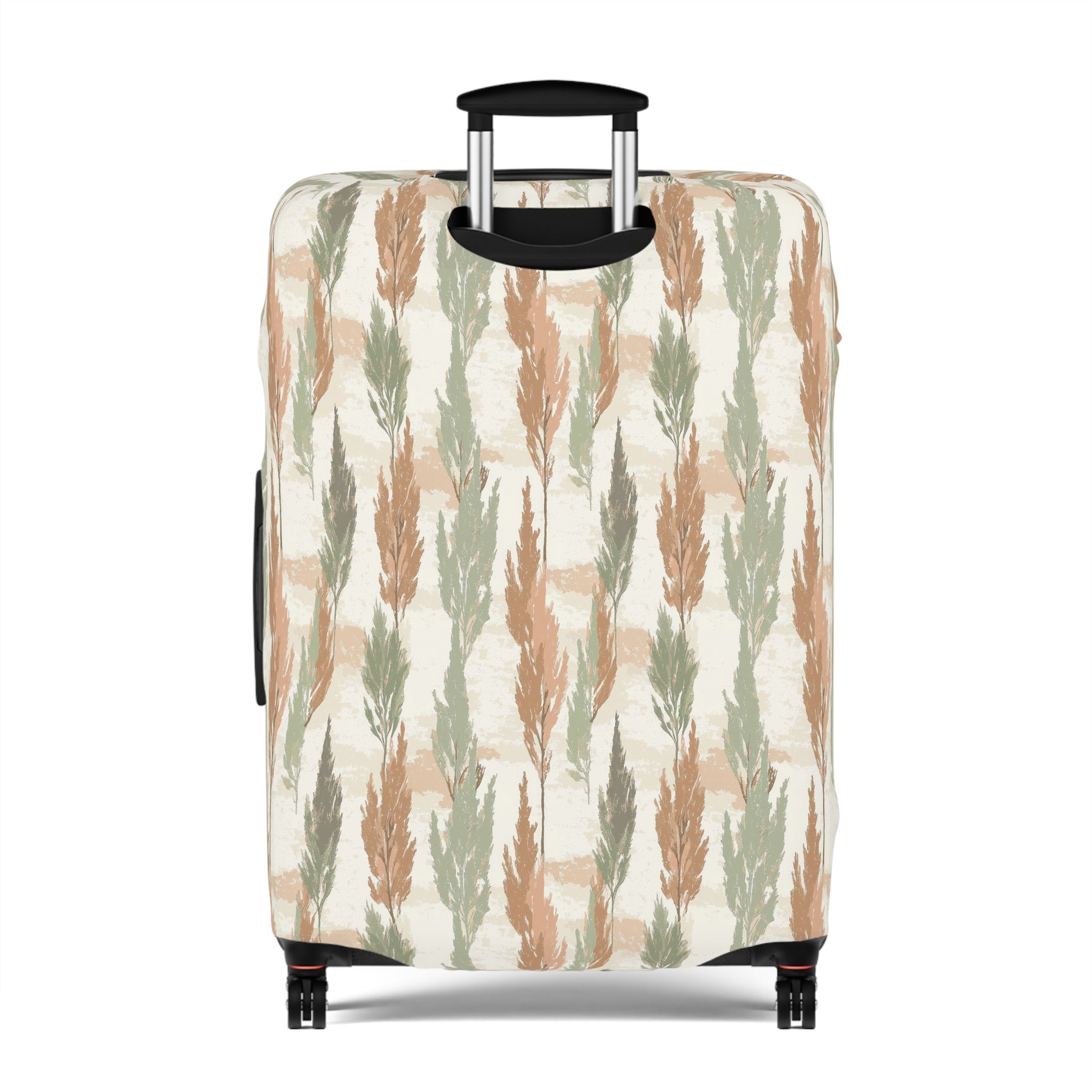Cypress Guardians stretch luggage cover with Mediterranean tree silhouettes in earth tones