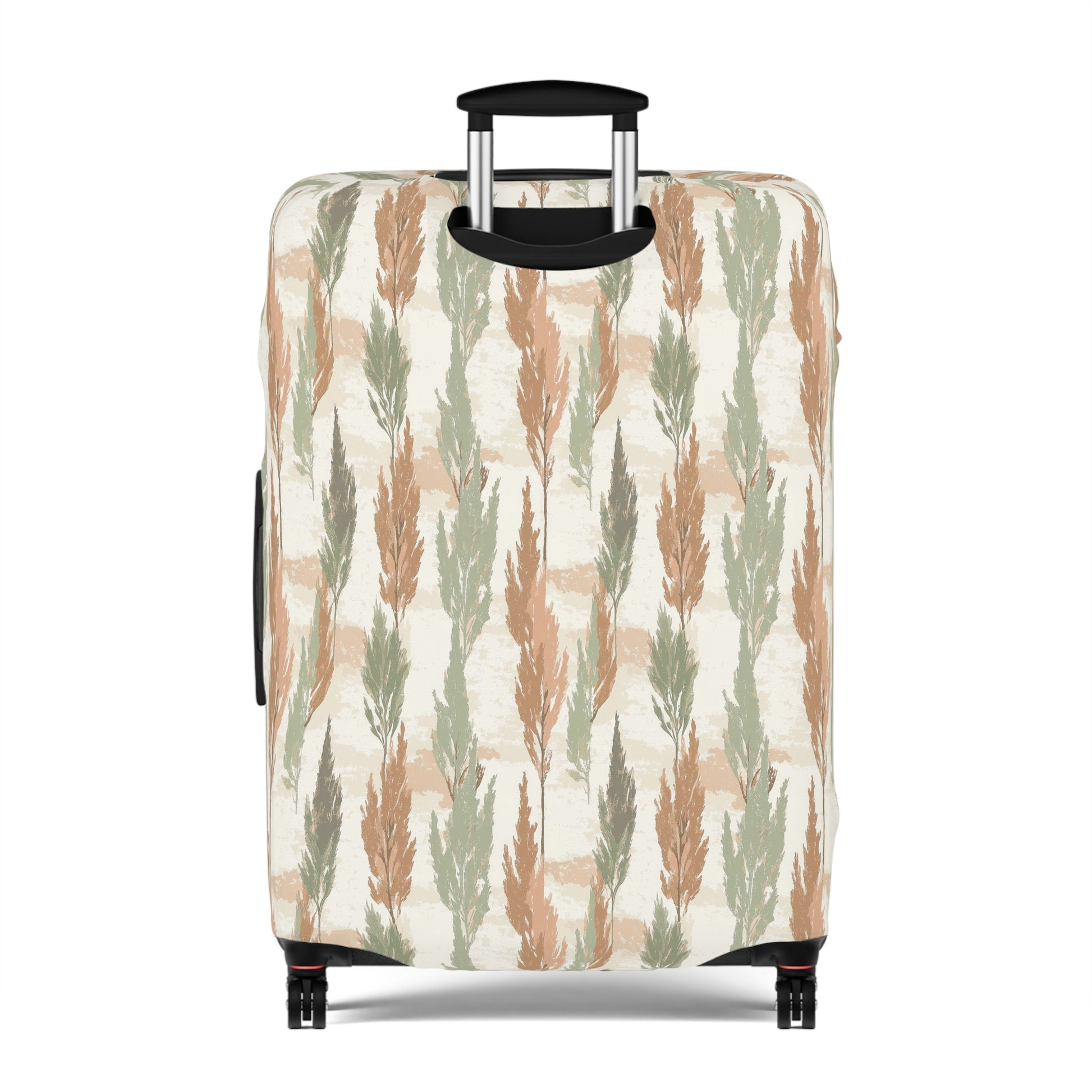 Cypress Guardians stretch luggage cover with Mediterranean tree silhouettes in earth tones
