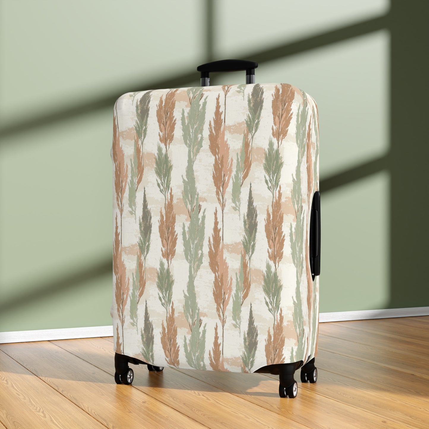 Cypress Guardians stretch luggage cover with Mediterranean tree silhouettes in earth tones