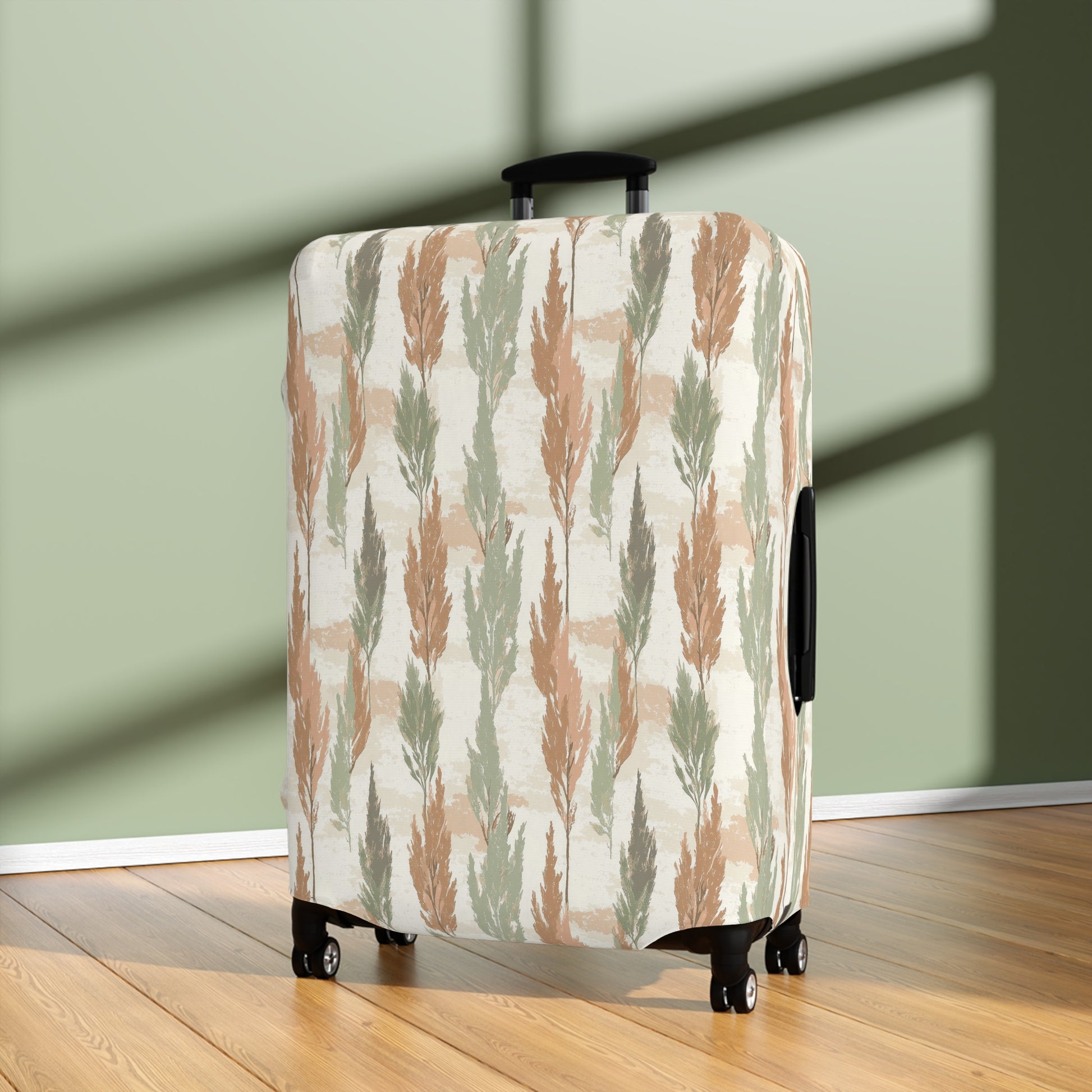 Cypress Guardians stretch luggage cover with Mediterranean tree silhouettes in earth tones