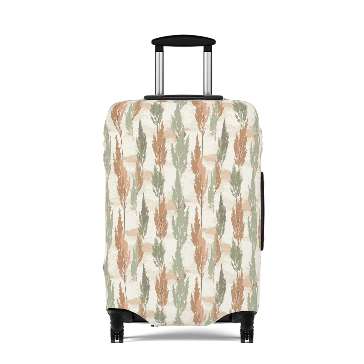 Cypress Guardians stretch luggage cover with Mediterranean tree silhouettes in earth tones