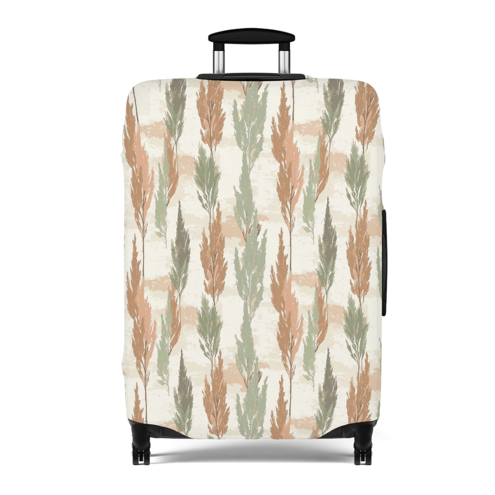 Cypress Guardians stretch luggage cover with Mediterranean tree silhouettes in earth tones