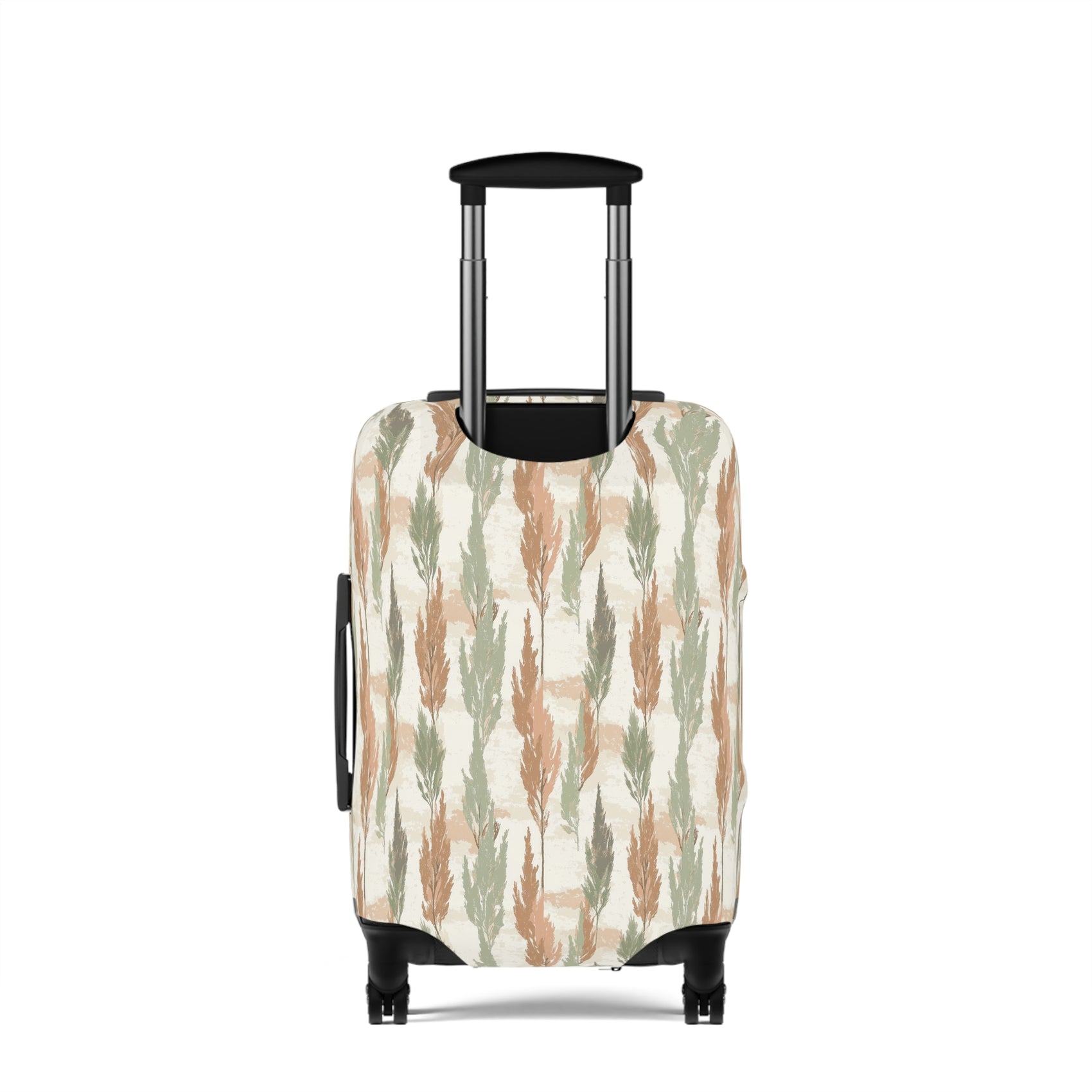 Cypress Guardians stretch luggage cover with Mediterranean tree silhouettes in earth tones