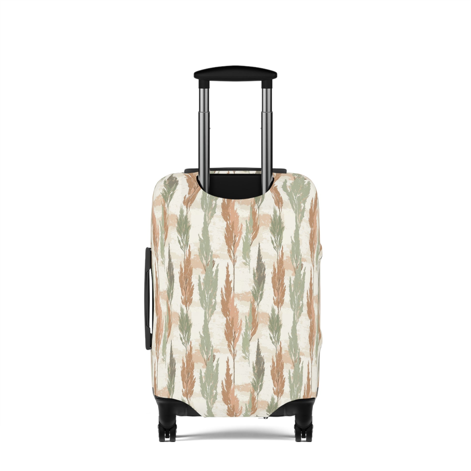 Cypress Guardians stretch luggage cover with Mediterranean tree silhouettes in earth tones