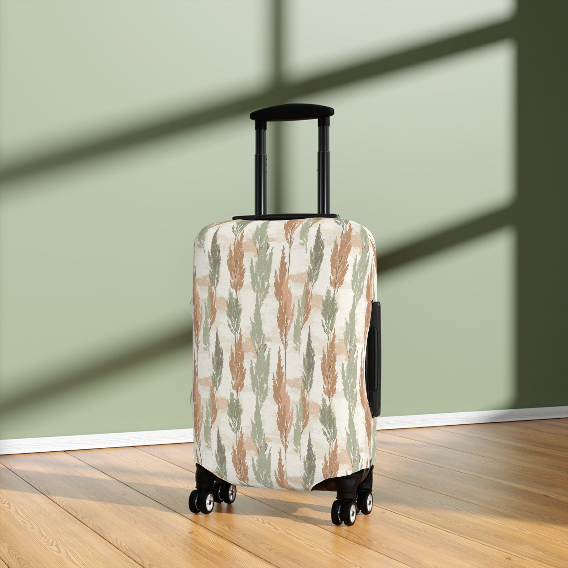 Cypress Guardians stretch luggage cover with Mediterranean tree silhouettes in earth tones