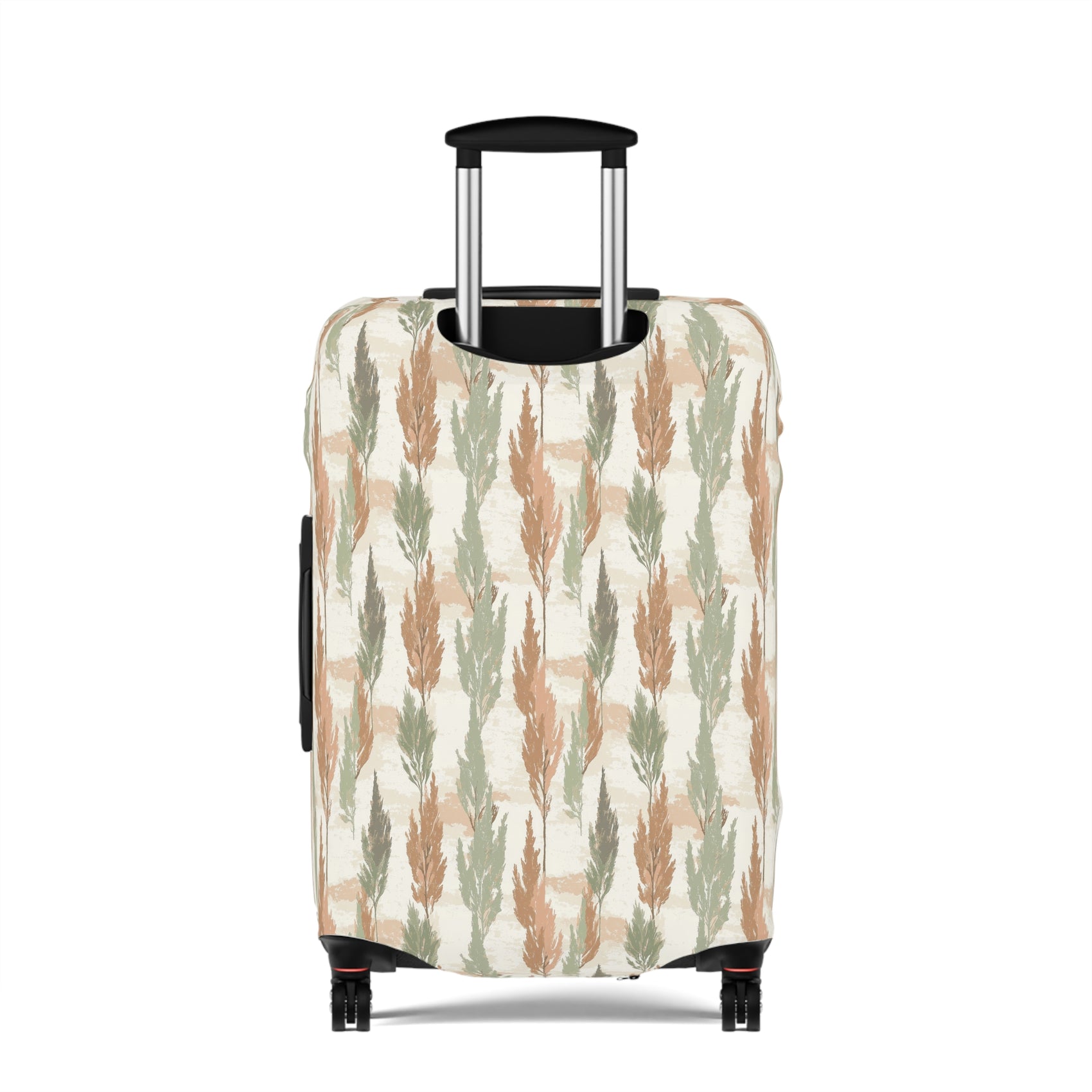 Cypress Guardians stretch luggage cover with Mediterranean tree silhouettes in earth tones