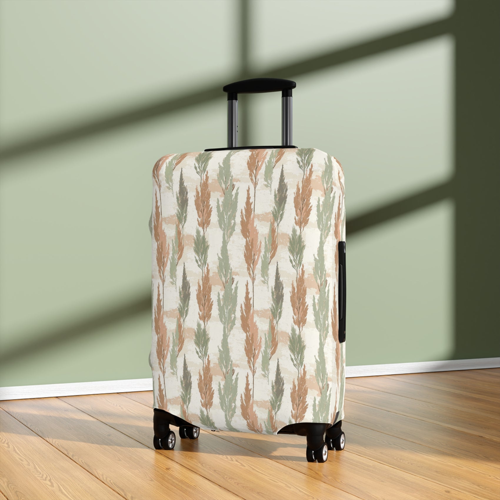 Cypress Guardians stretch luggage cover with Mediterranean tree silhouettes in earth tones