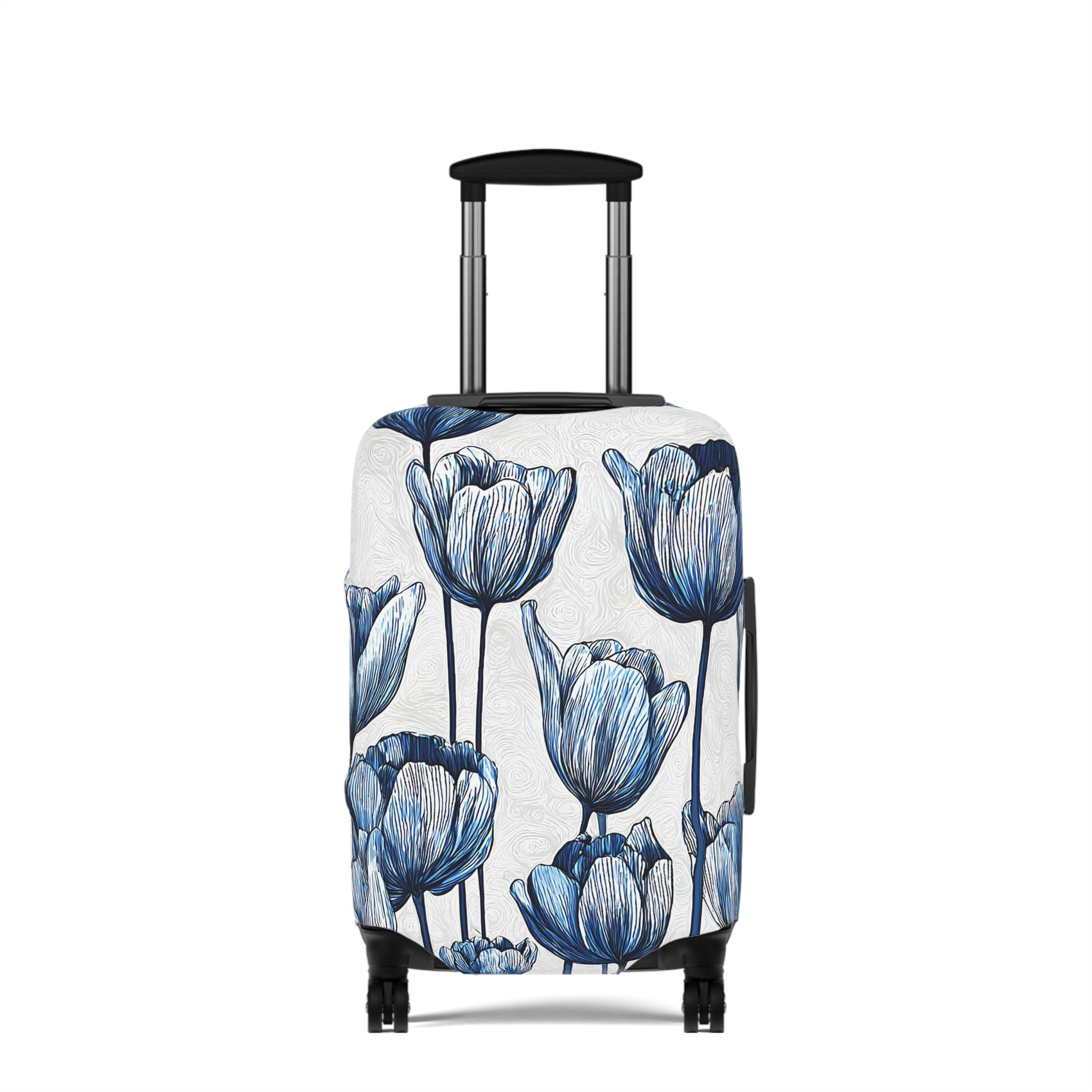 Delft Bloom blue and white stretch luggage cover with Dutch tulip pattern