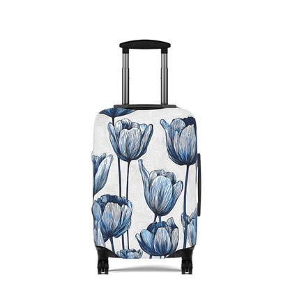 Delft Bloom blue and white stretch luggage cover with Dutch tulip pattern