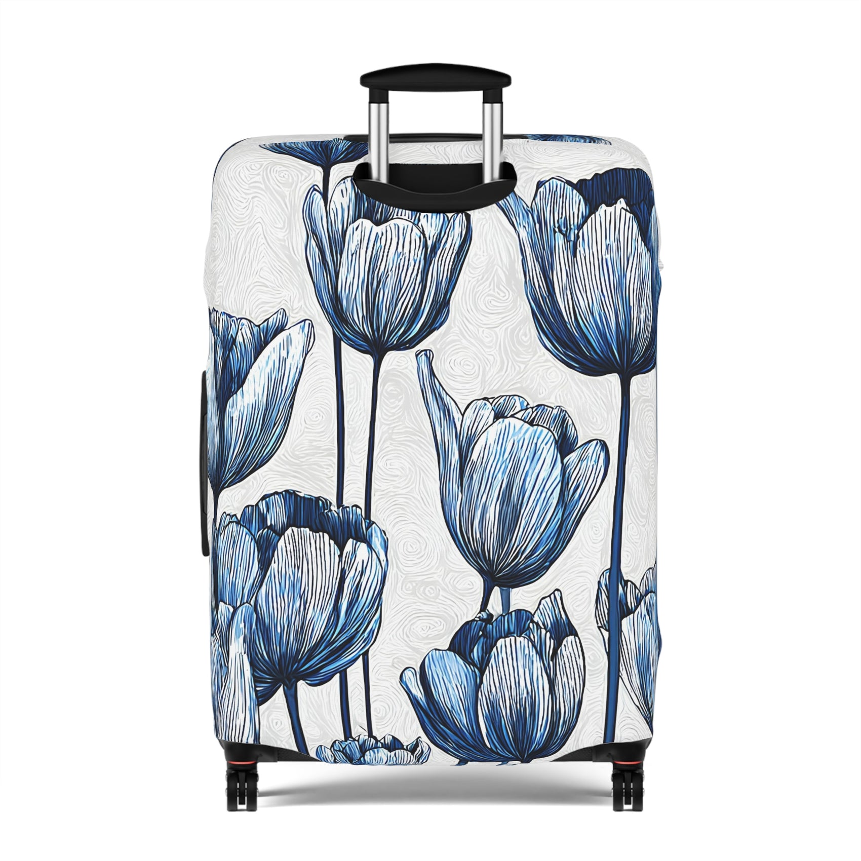 Delft Bloom blue and white stretch luggage cover with Dutch tulip pattern