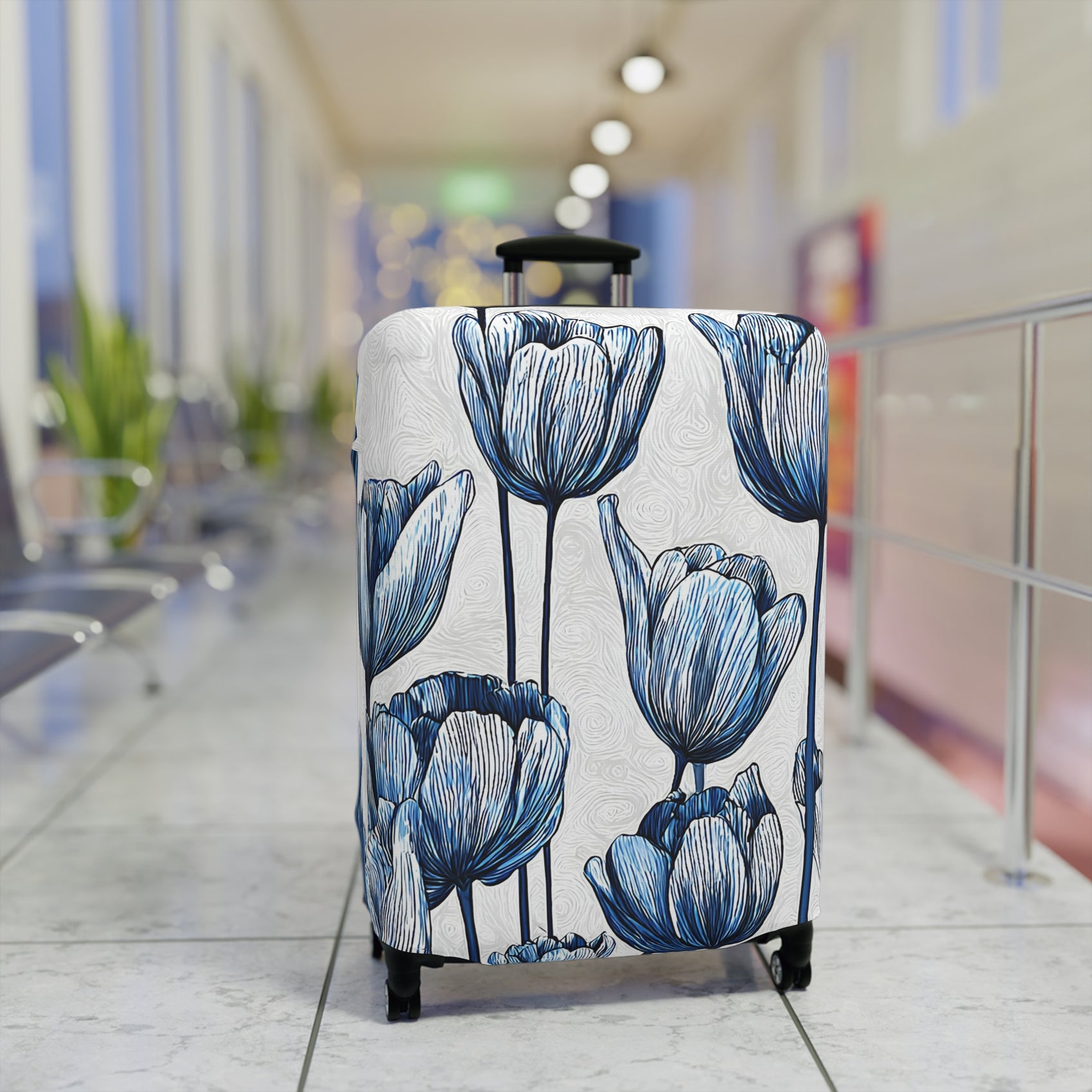 Delft Bloom blue and white stretch luggage cover with Dutch tulip pattern