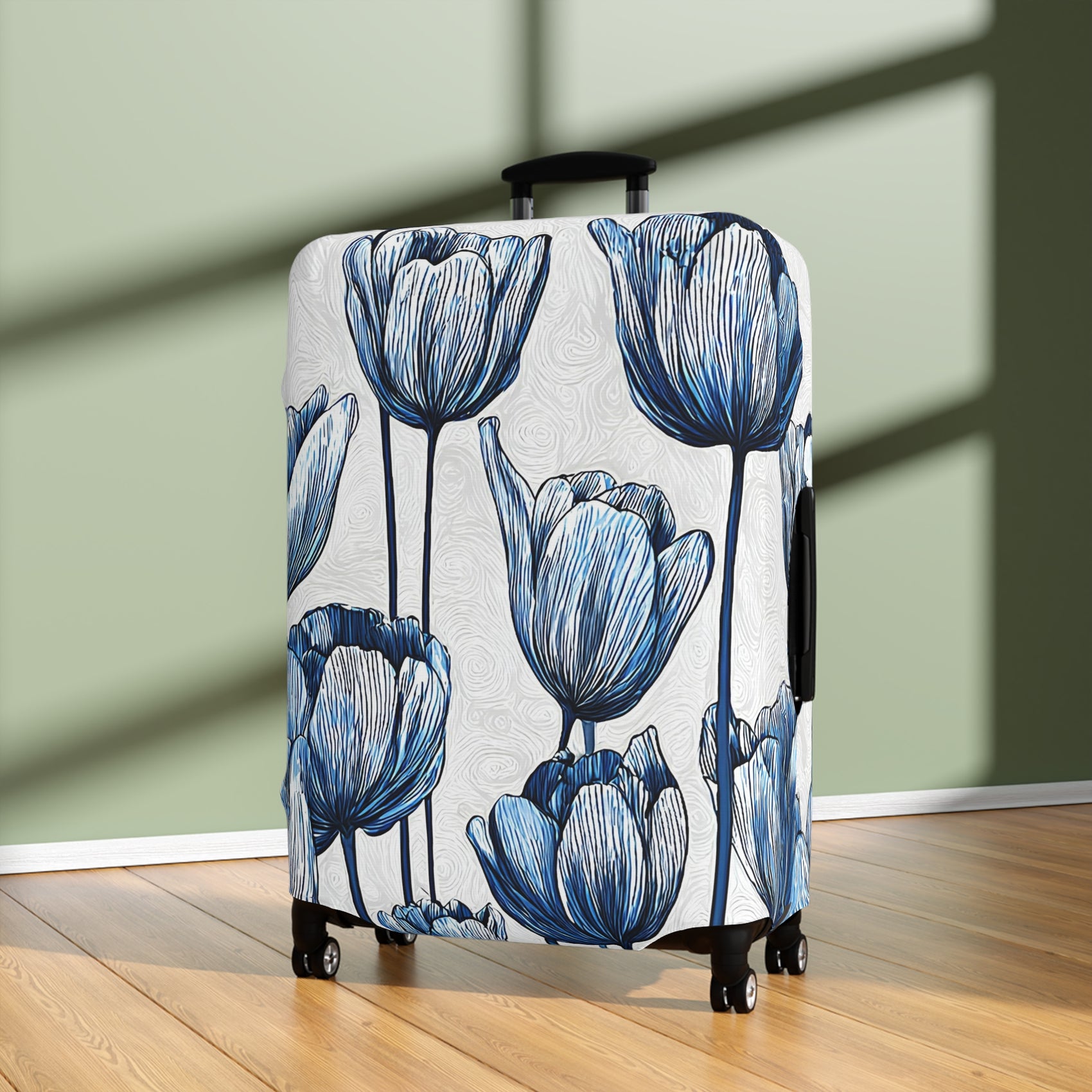 Delft Bloom blue and white stretch luggage cover with Dutch tulip pattern