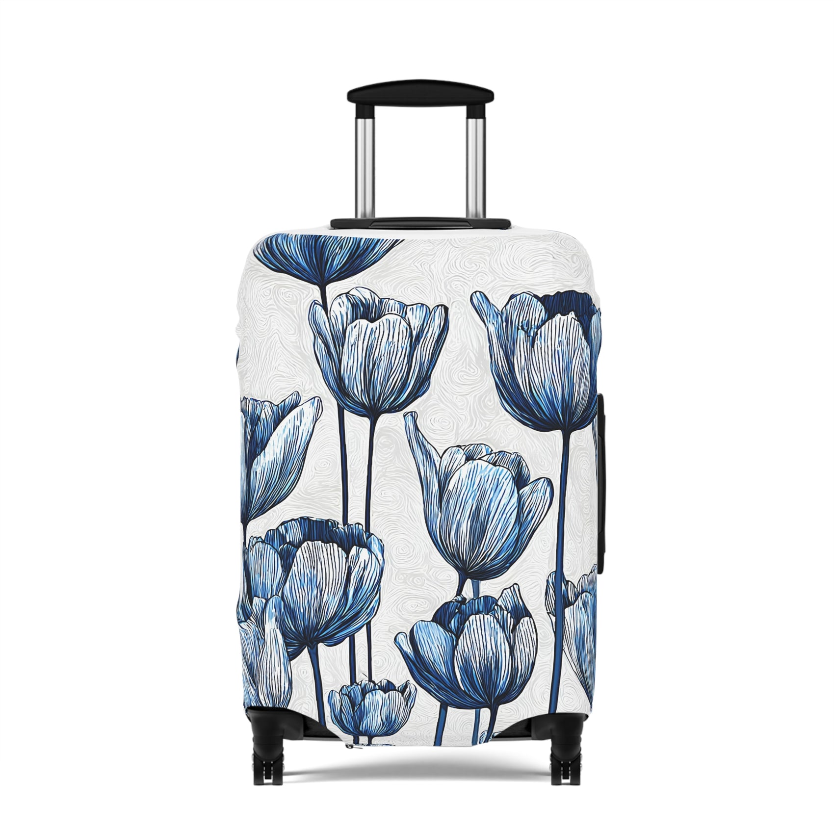 Delft Bloom blue and white stretch luggage cover with Dutch tulip pattern