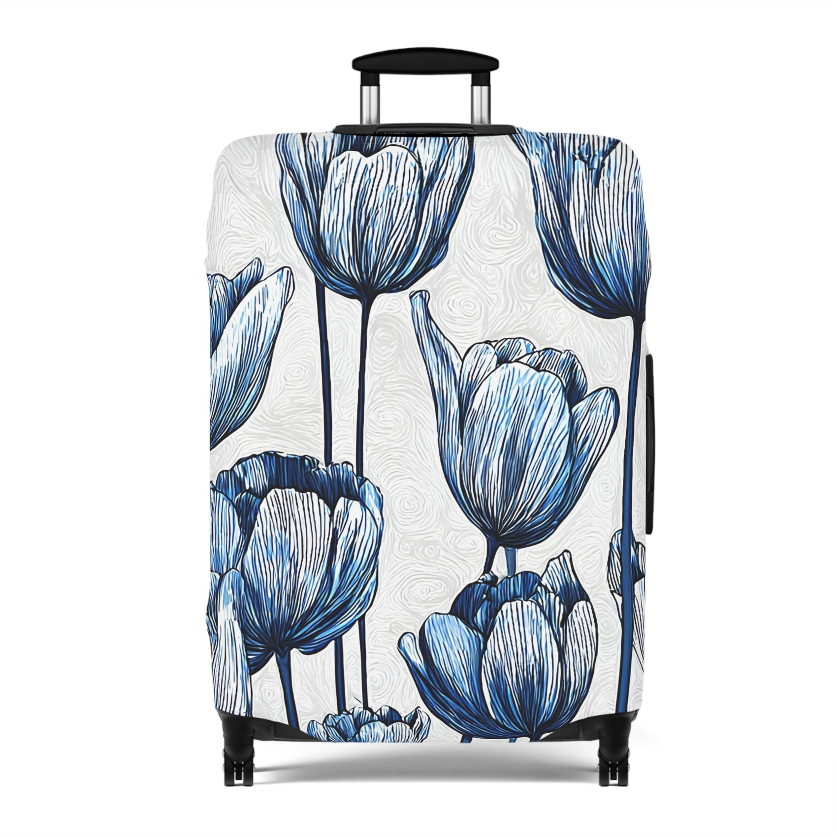 Delft Bloom blue and white stretch luggage cover with Dutch tulip pattern