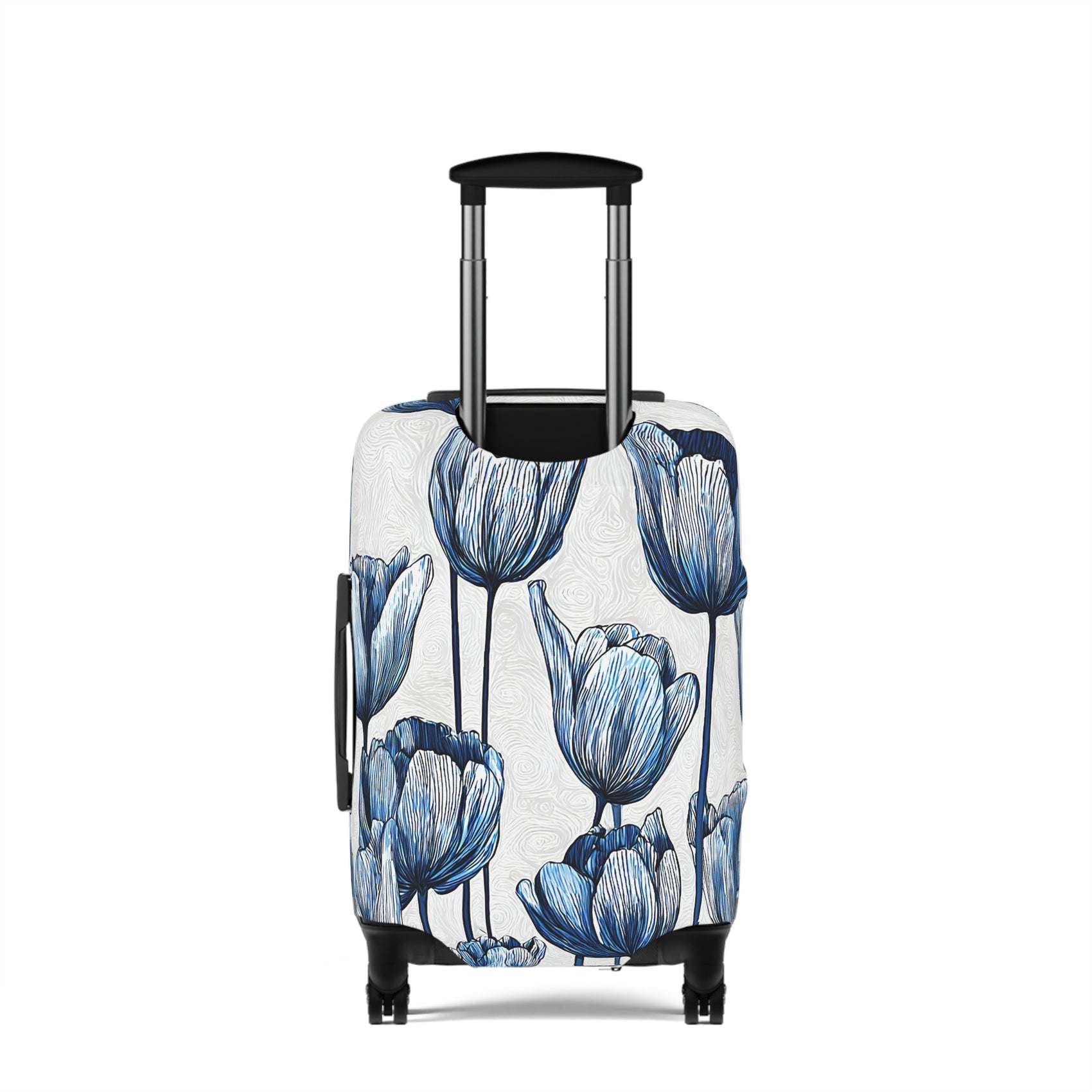 Delft Bloom blue and white stretch luggage cover with Dutch tulip pattern