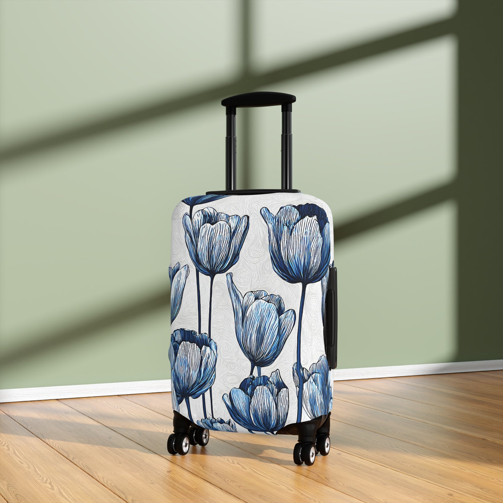 Delft Bloom blue and white stretch luggage cover with Dutch tulip pattern