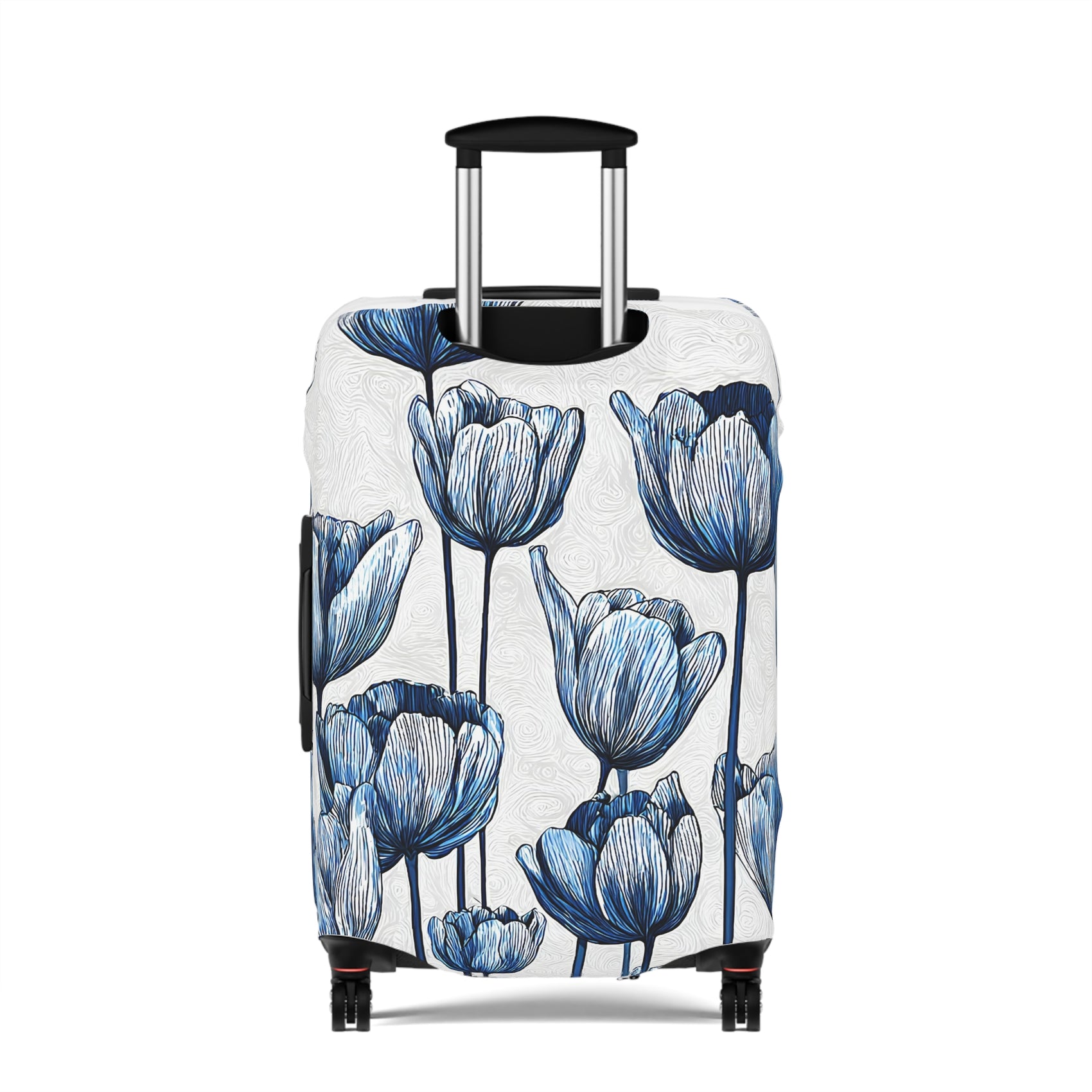 Delft Bloom blue and white stretch luggage cover with Dutch tulip pattern