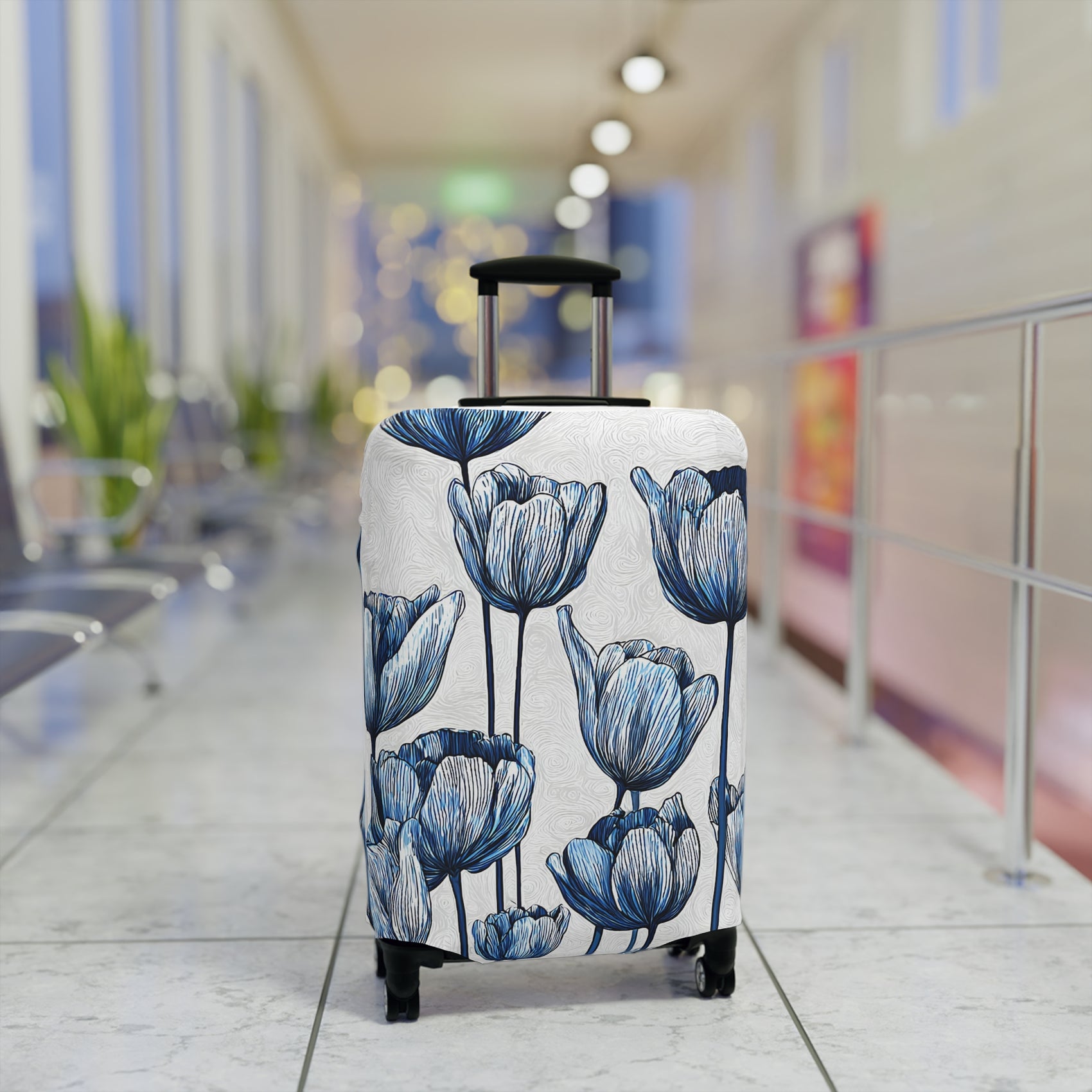 Delft Bloom blue and white stretch luggage cover with Dutch tulip pattern