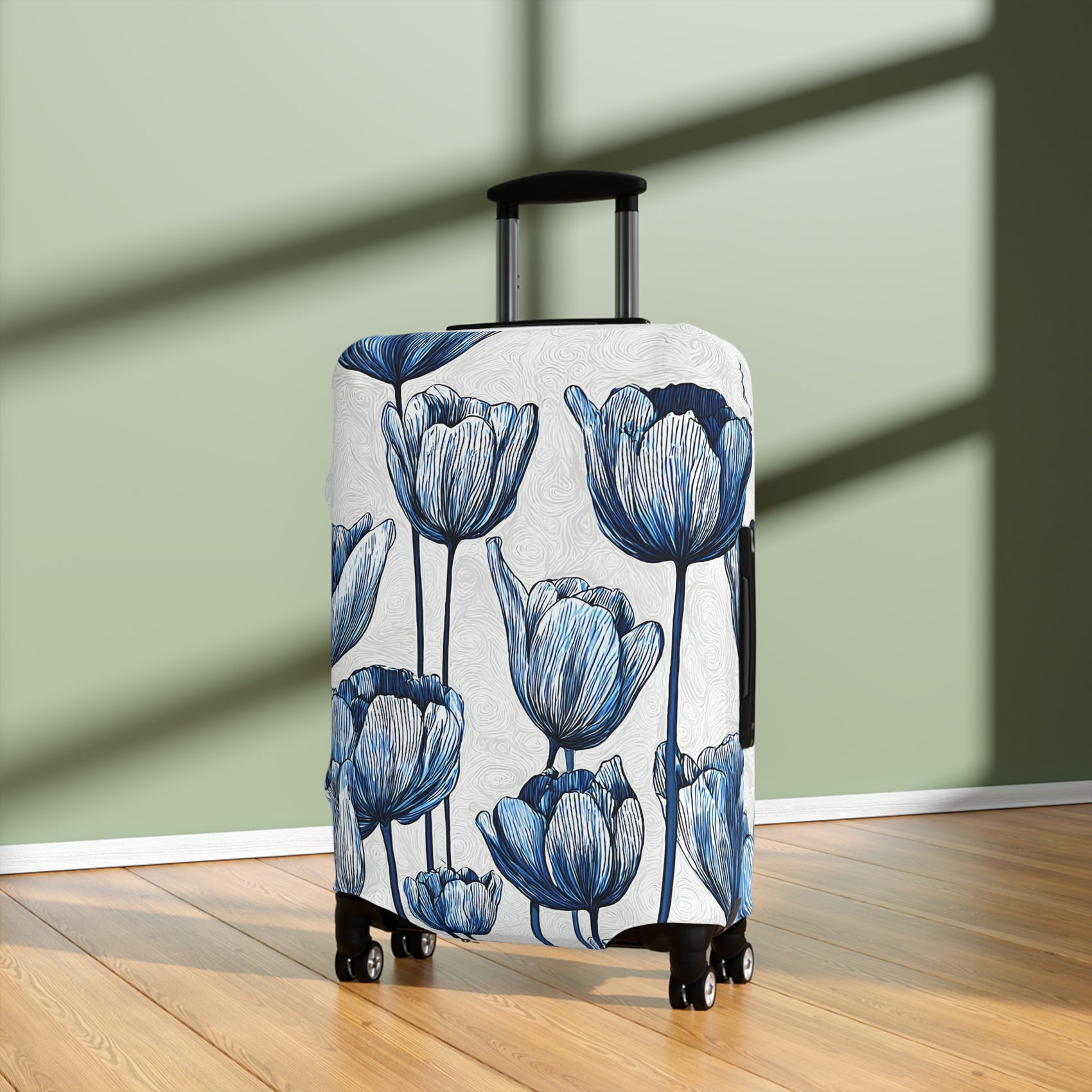 Delft Bloom blue and white stretch luggage cover with Dutch tulip pattern