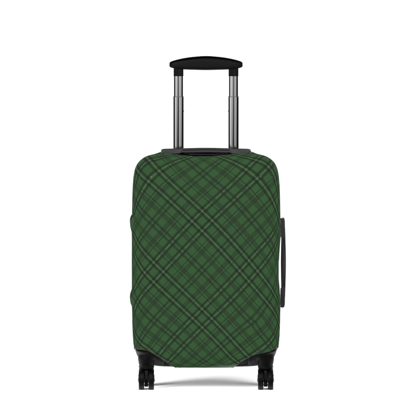 Emerald Isle green plaid stretch luggage cover fitted on rolling suitcase