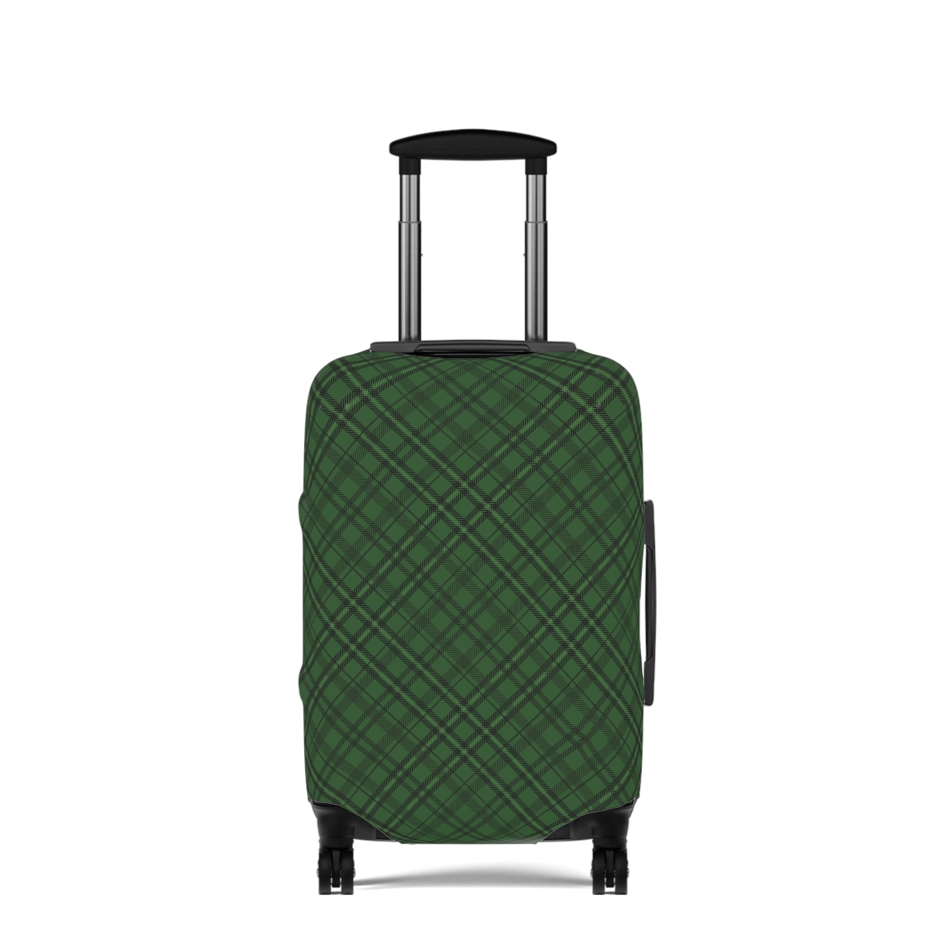 Emerald Isle green plaid stretch luggage cover fitted on rolling suitcase