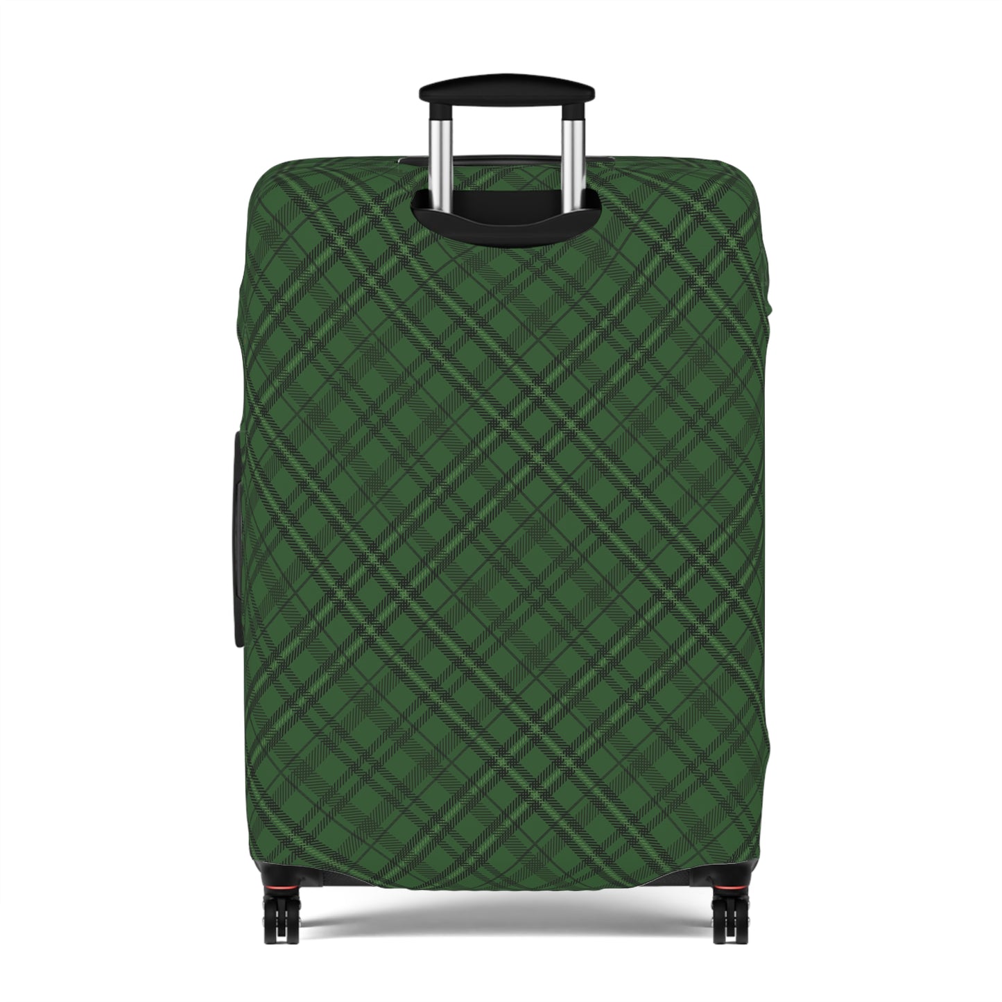 Emerald Isle green plaid stretch luggage cover fitted on rolling suitcase