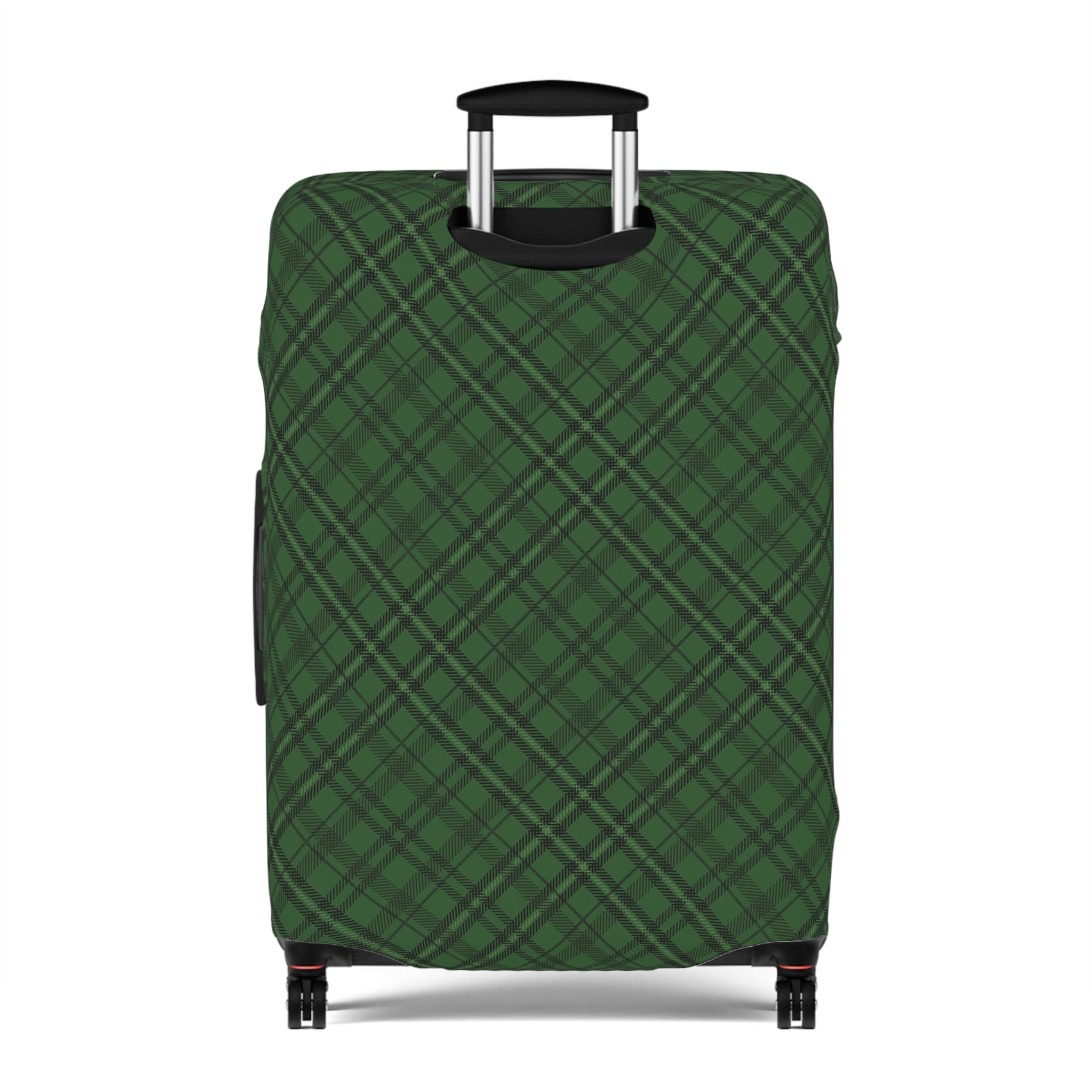 Emerald Isle green plaid stretch luggage cover fitted on rolling suitcase